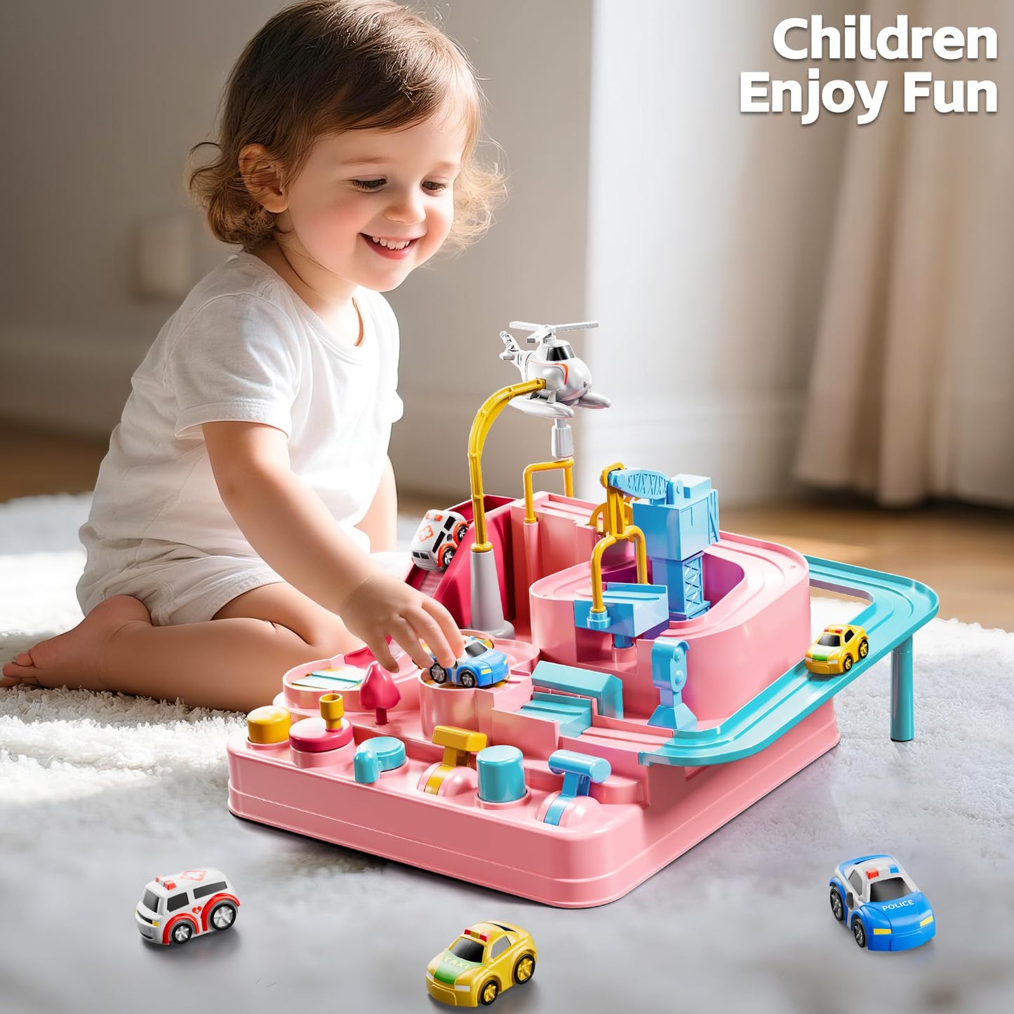 KIZONLY Car Race Track for Kids Aged 4-8 – Pink City Set with 3 Cars & Helicopter