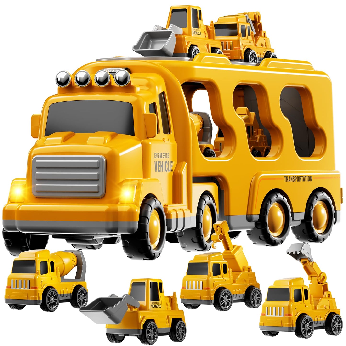 KIZONLY 5-in-1 Construction Trucks for Toddlers – Carrier Truck with Crane, Mixer, Excavator & Push Dozer