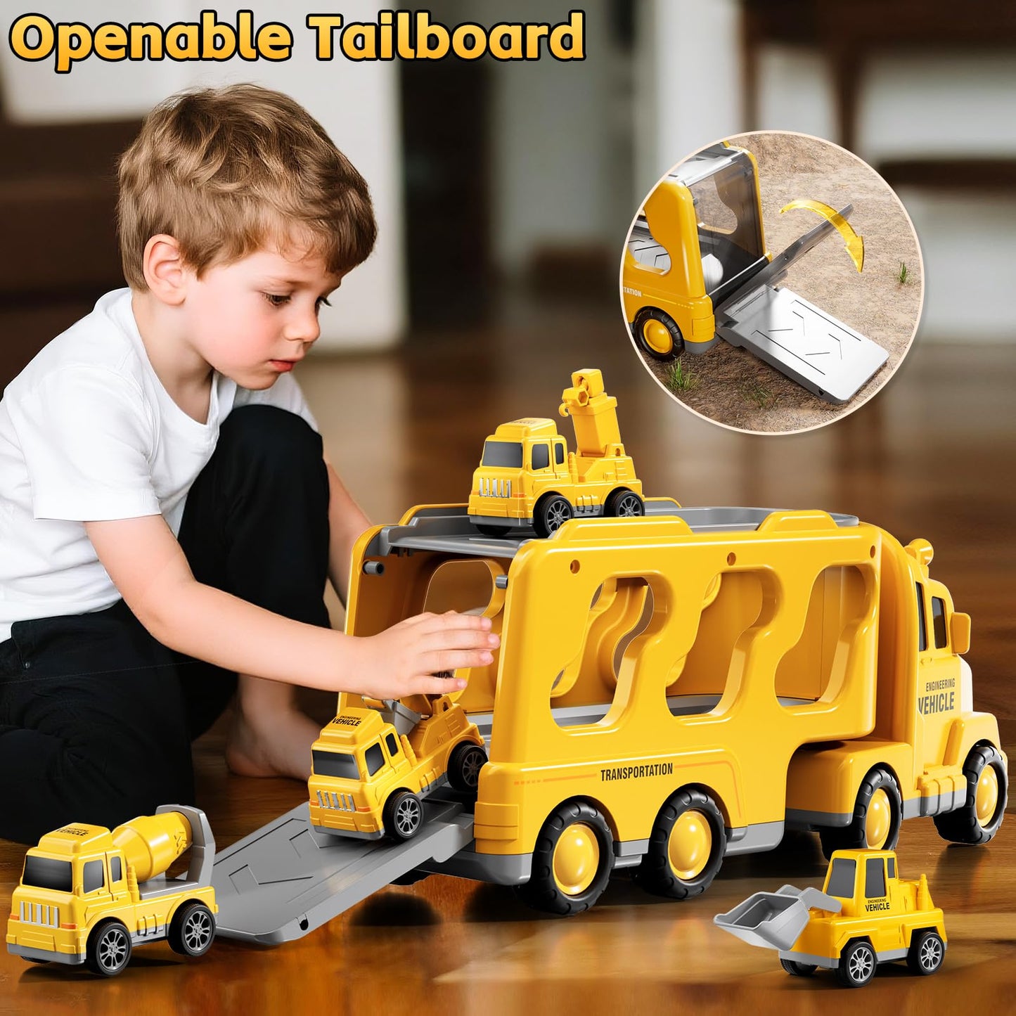 KIZONLY 5-in-1 Construction Trucks for Toddlers – Carrier Truck with Crane, Mixer, Excavator & Push Dozer