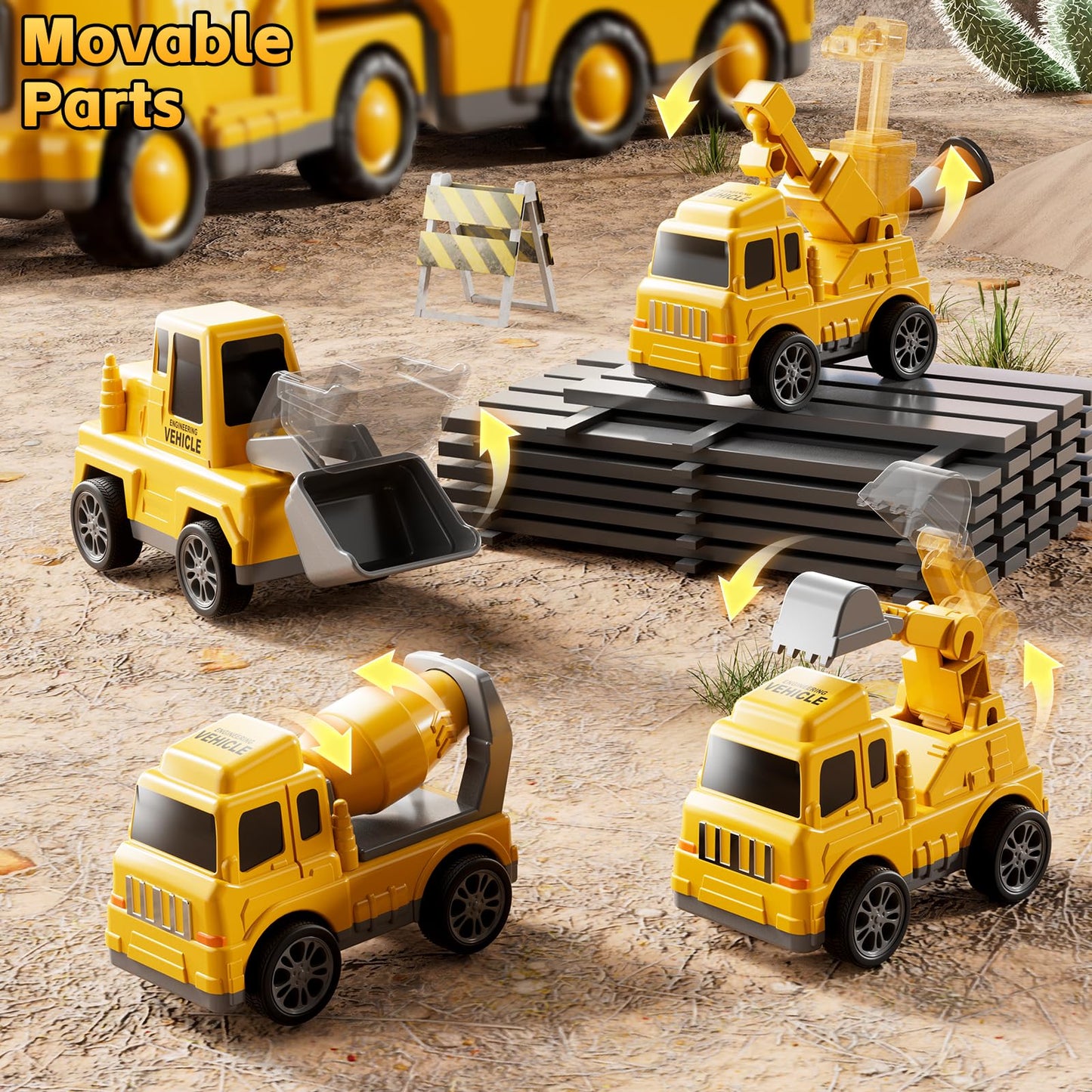 KIZONLY 5-in-1 Construction Trucks for Toddlers – Carrier Truck with Crane, Mixer, Excavator & Push Dozer