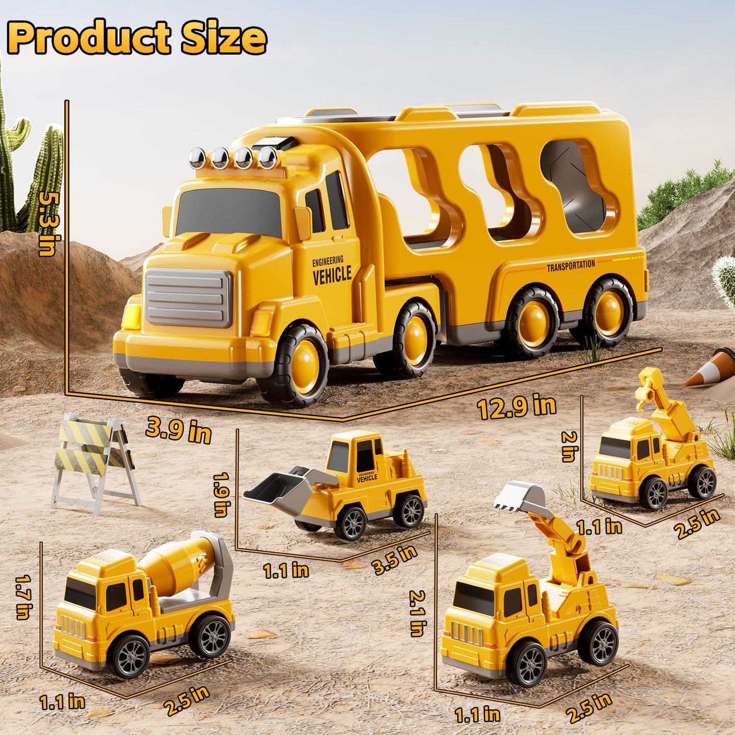 KIZONLY 5-in-1 Construction Trucks for Toddlers – Carrier Truck with Crane, Mixer, Excavator & Push Dozer