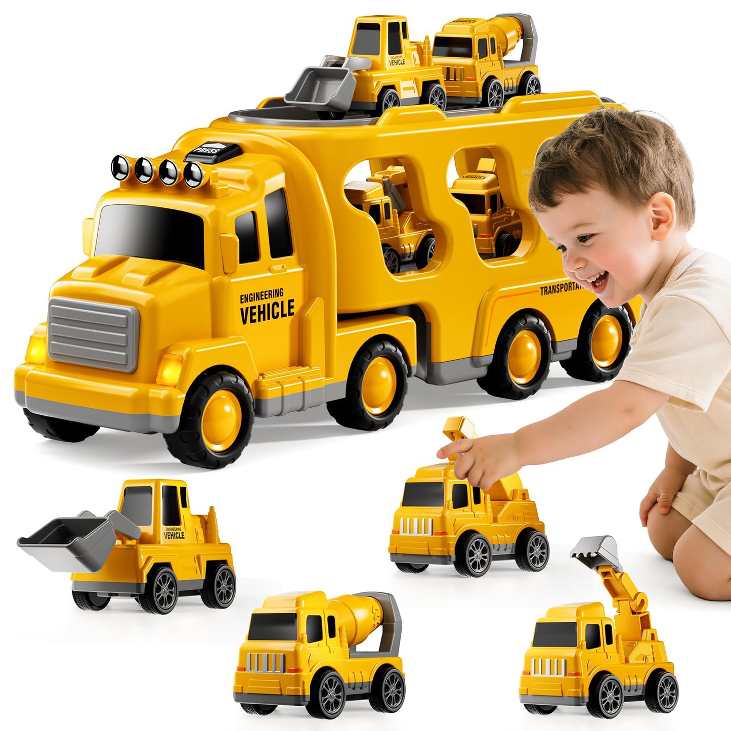KIZONLY 5-in-1 Construction Trucks for Toddlers – Carrier Truck with Crane, Mixer, Excavator & Push Dozer