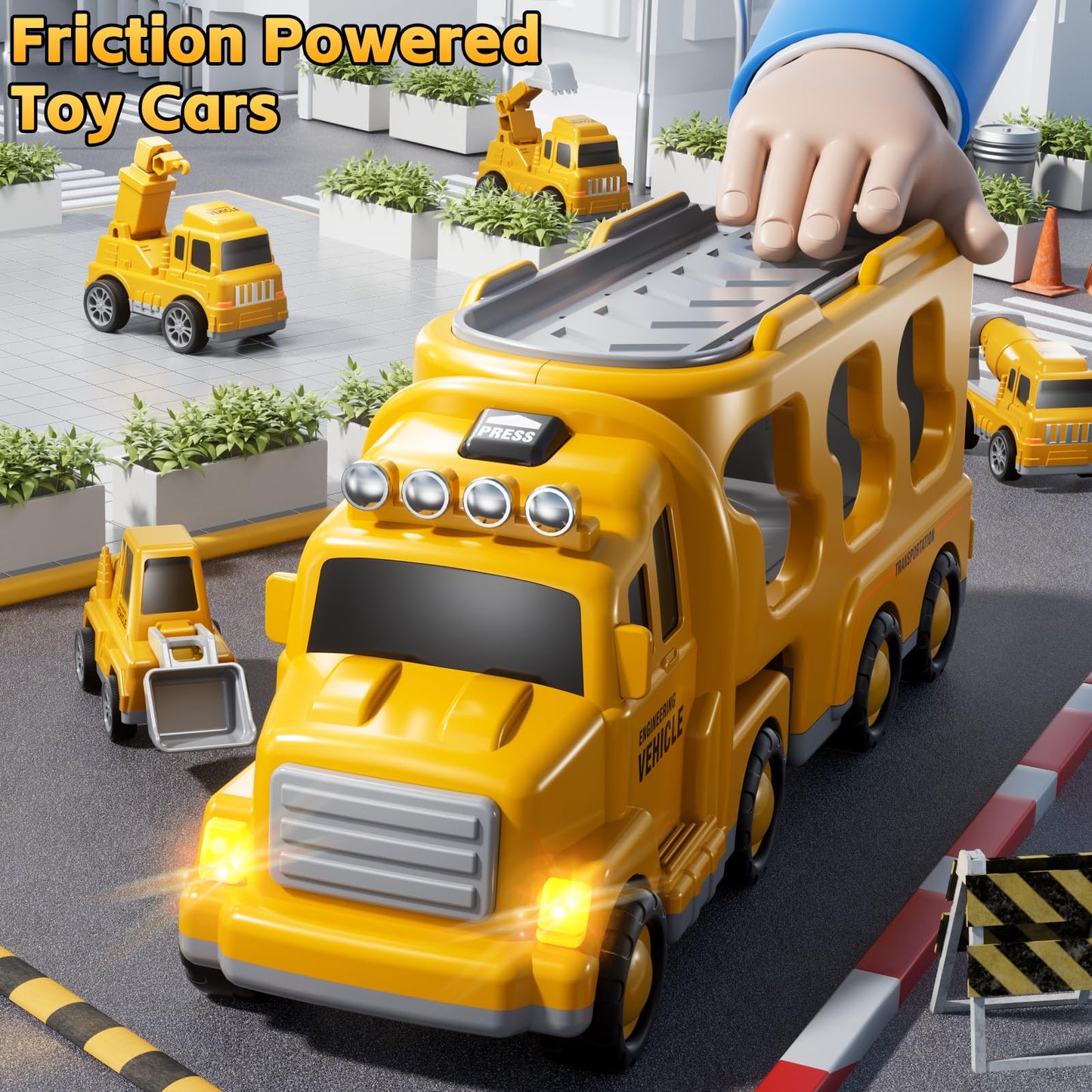 KIZONLY 5-in-1 Construction Trucks for Toddlers – Carrier Truck with Crane, Mixer, Excavator & Push Dozer