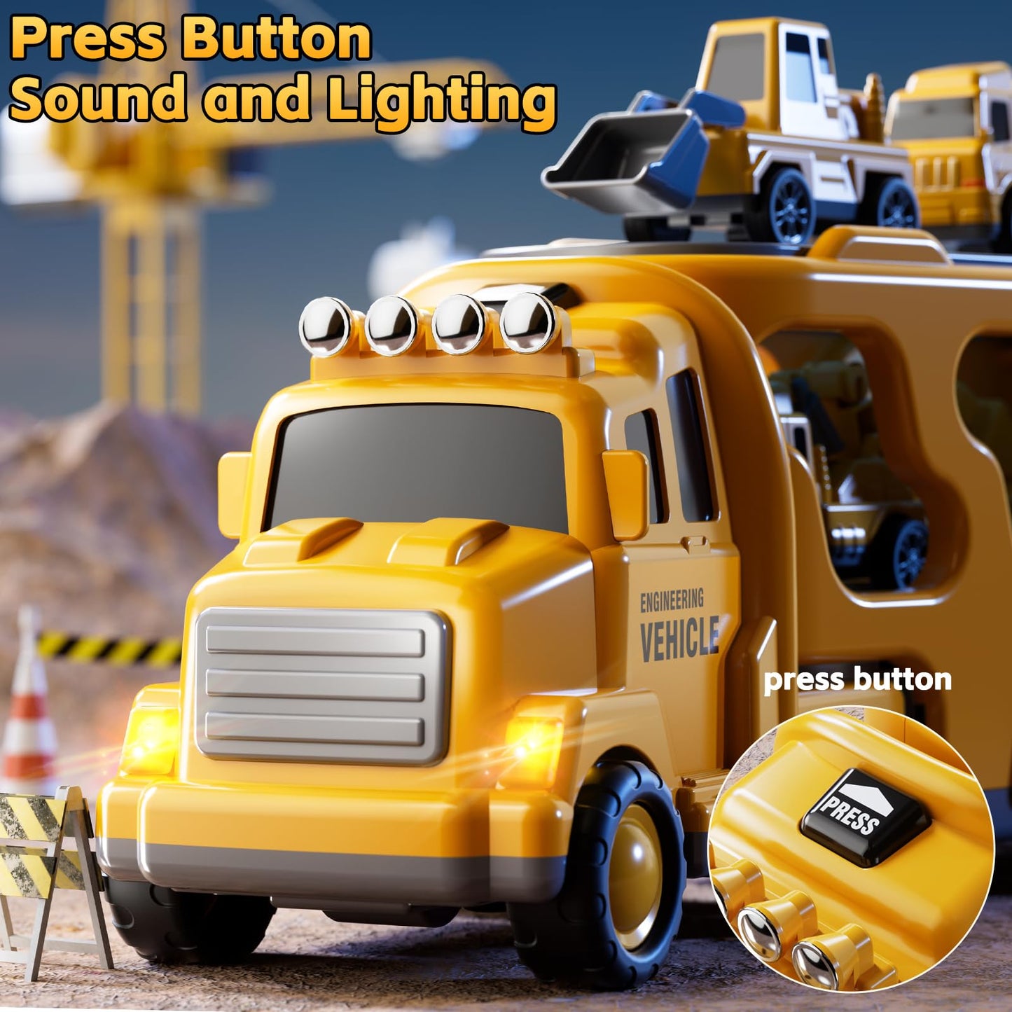 KIZONLY 5-in-1 Construction Trucks for Toddlers – Carrier Truck with Crane, Mixer, Excavator & Push Dozer