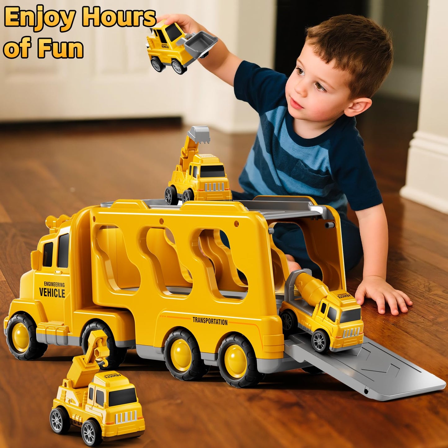 KIZONLY 5-in-1 Construction Trucks for Toddlers – Carrier Truck with Crane, Mixer, Excavator & Push Dozer