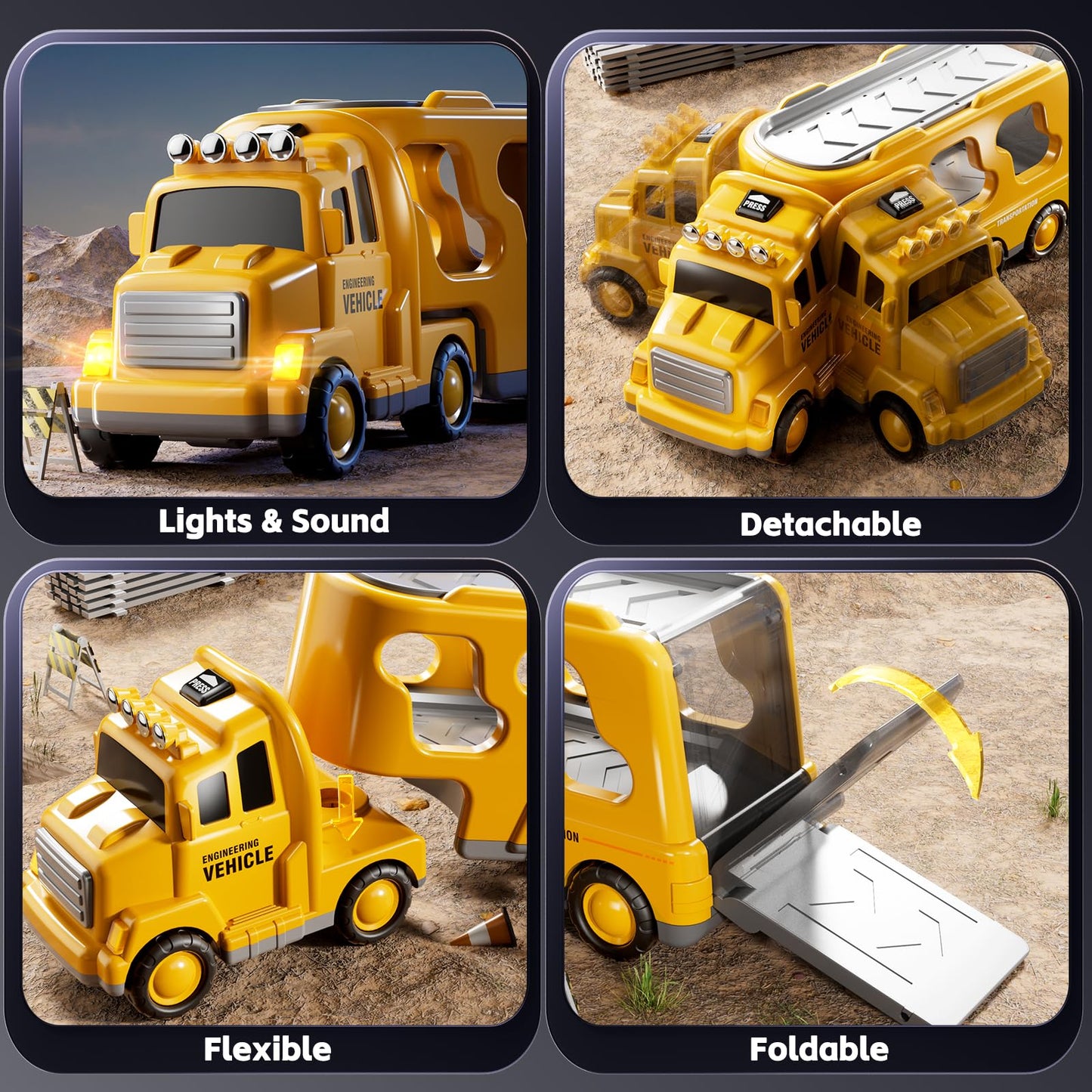 KIZONLY 5-in-1 Construction Trucks for Toddlers – Carrier Truck with Crane, Mixer, Excavator & Push Dozer