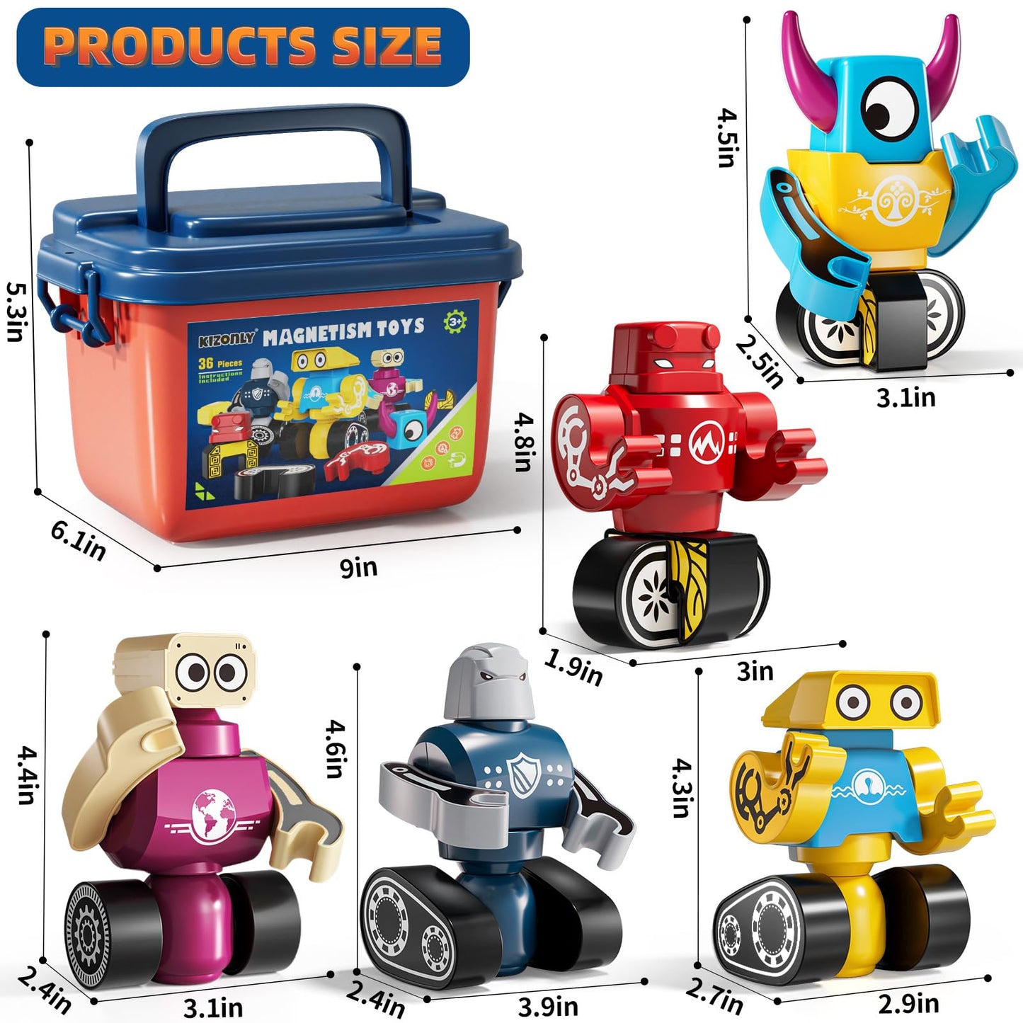 KIZONLY Magnets Robot Building Toys for Kids 3-8 | 36-Piece Monster Blocks with Storage Box