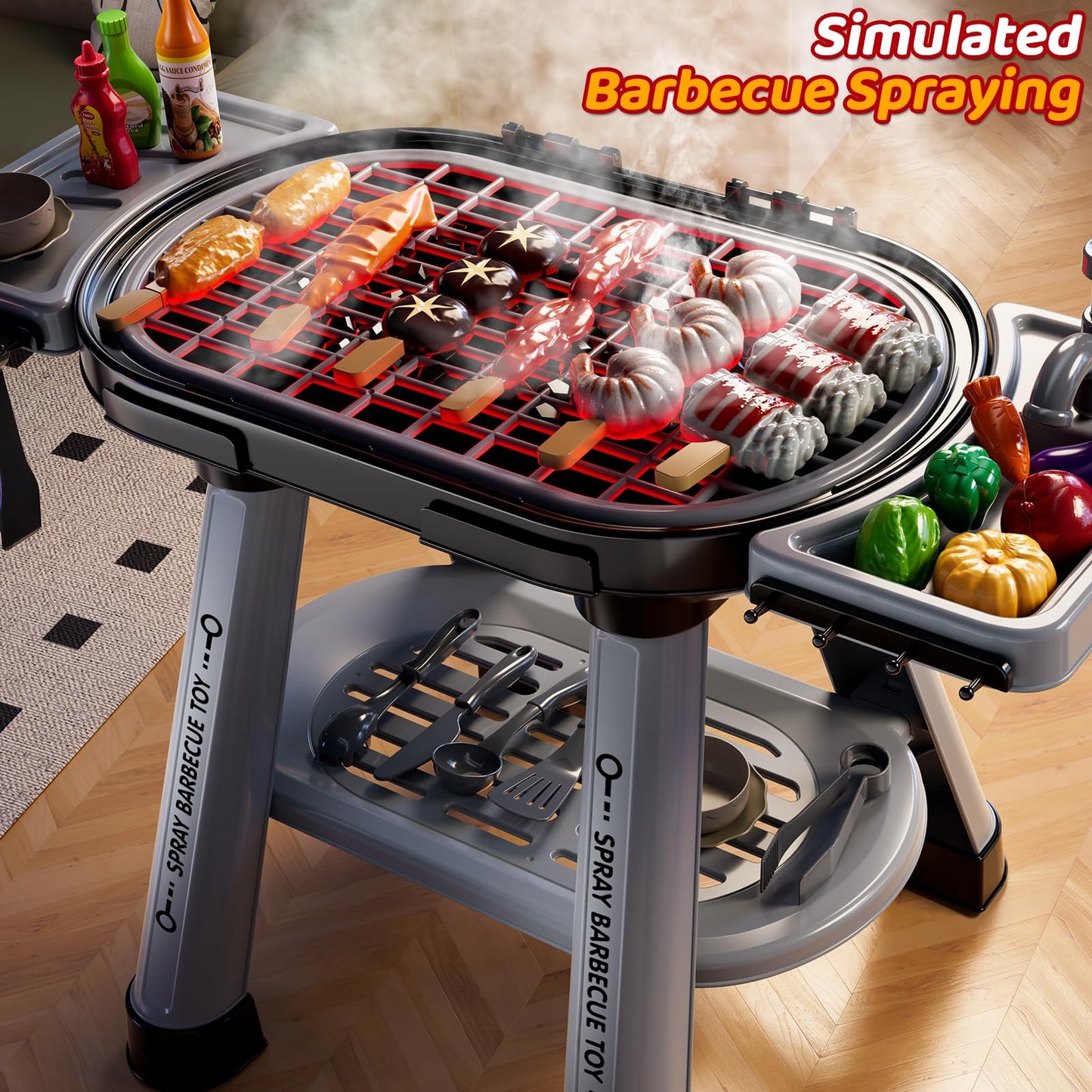 KIZONLY Kids Grill Playset – 2-Layer Outdoor BBQ Toy with Smoke, Lights & Sounds