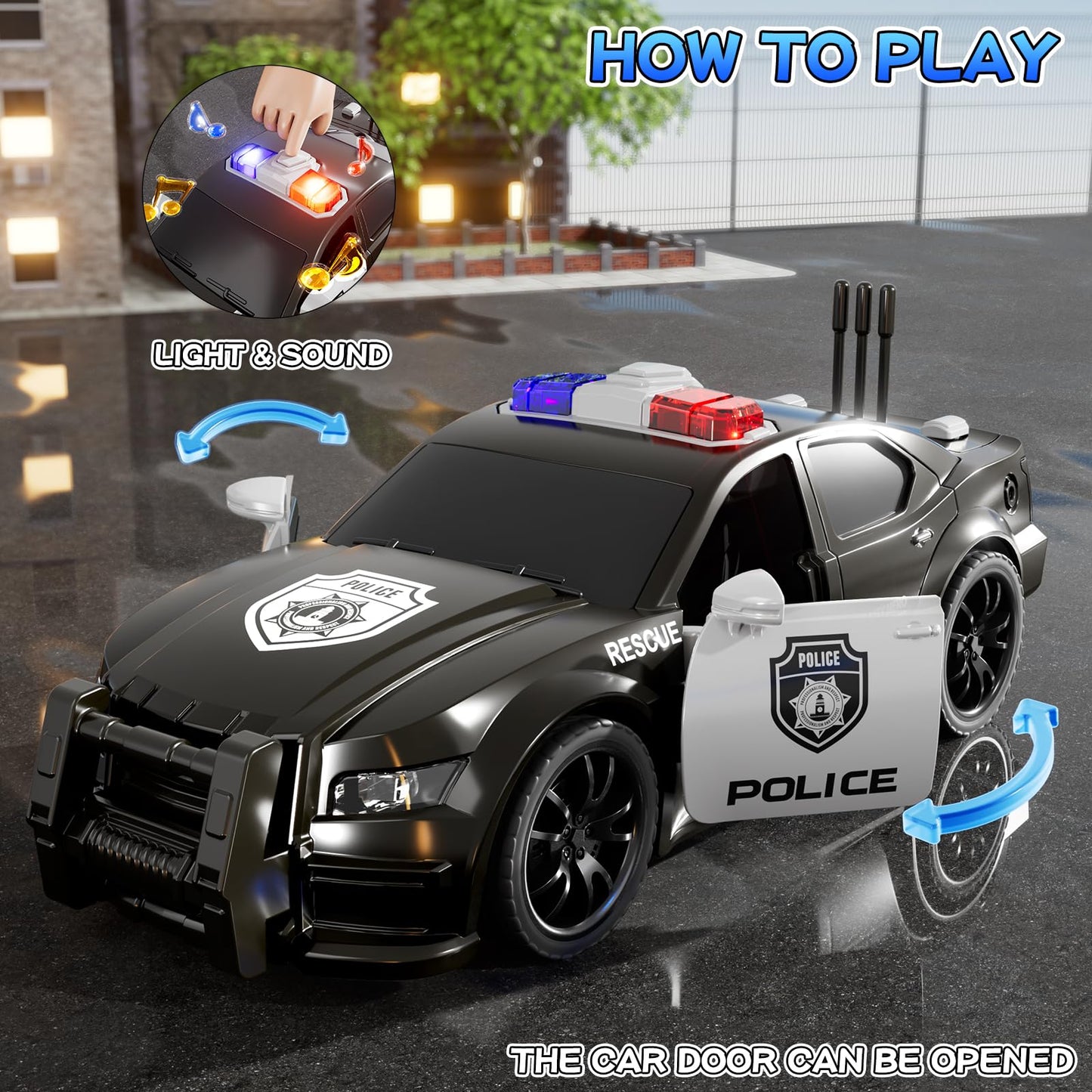 KIZONLY Emergency Vehicle Toys – Friction-Powered Police, Fire, Ambulance & Excavator Set for Toddlers 1-3