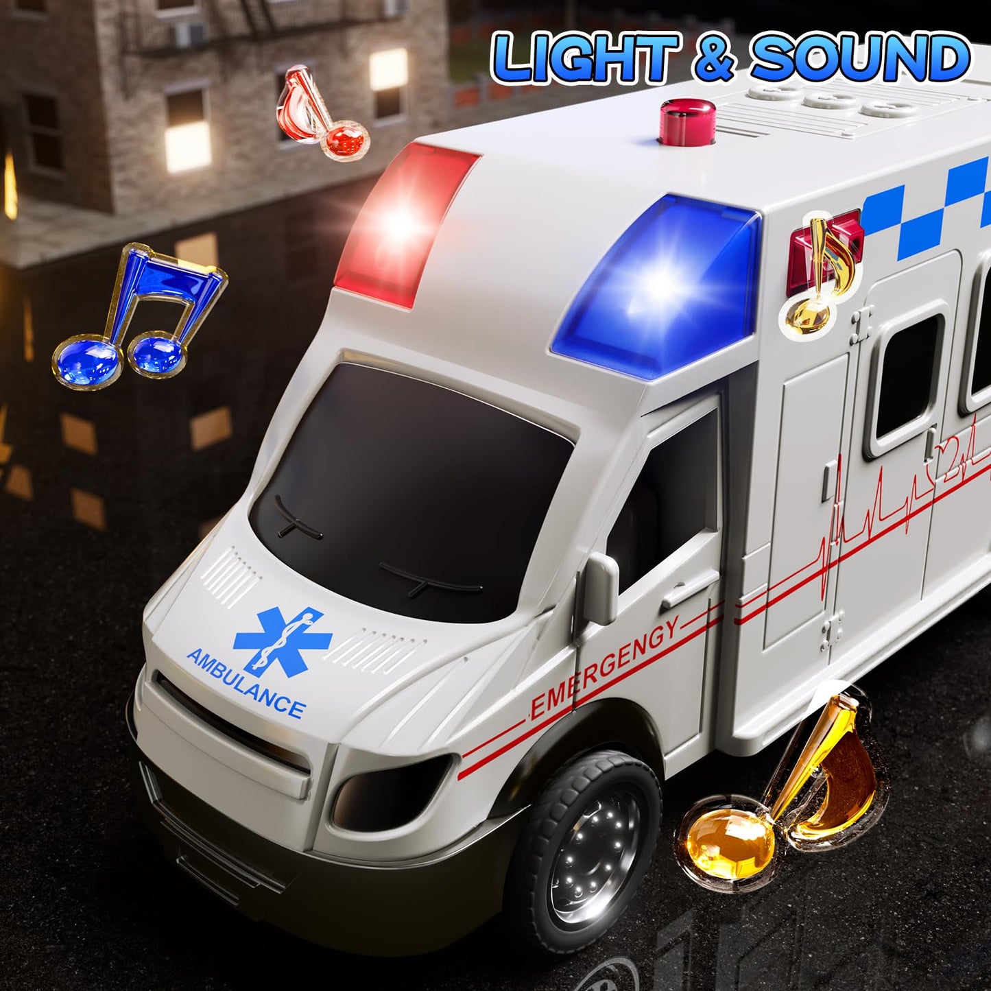 KIZONLY Emergency Vehicle Toys – Friction-Powered Police, Fire, Ambulance & Excavator Set for Toddlers 1-3
