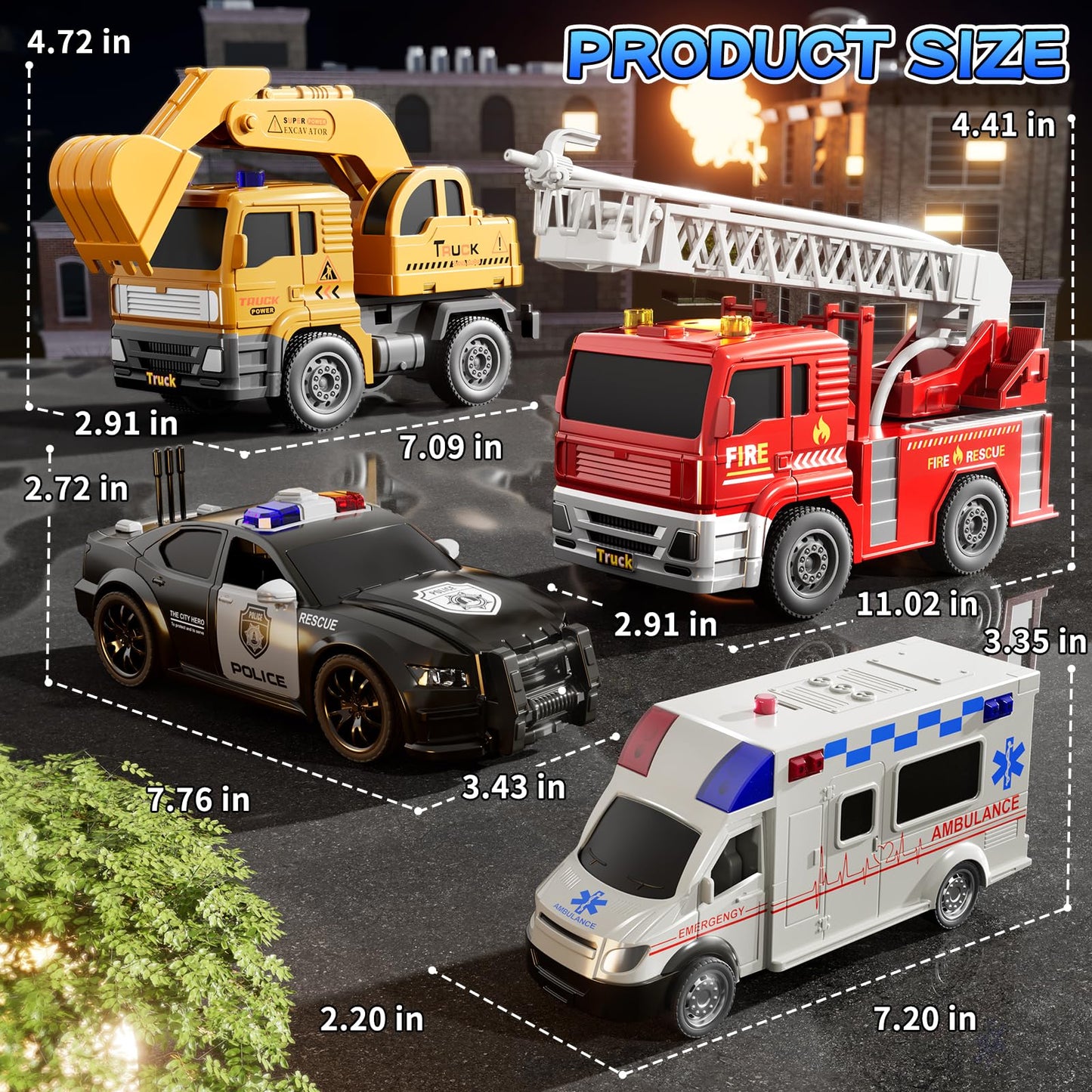 KIZONLY Emergency Vehicle Toys – Friction-Powered Police, Fire, Ambulance & Excavator Set for Toddlers 1-3