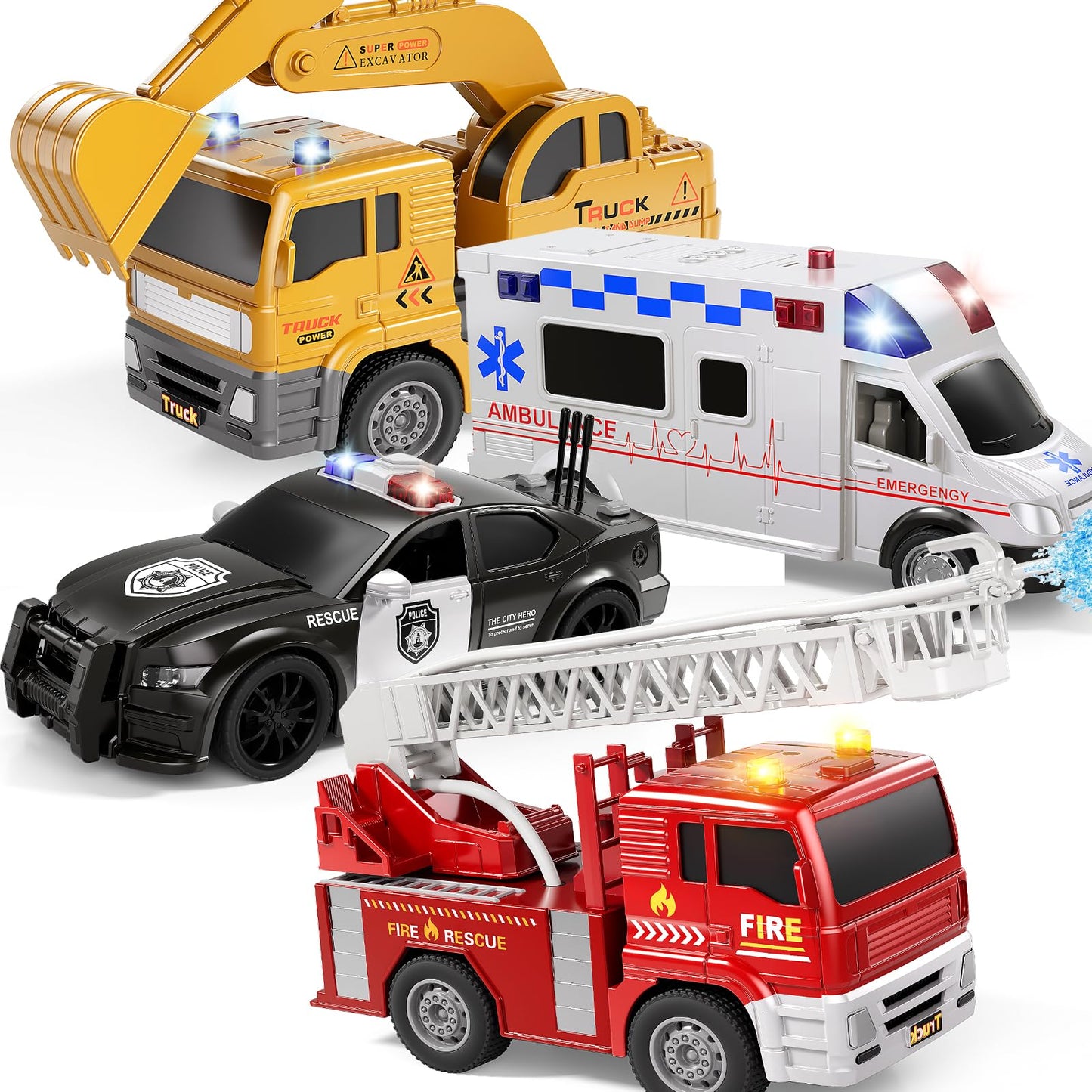 KIZONLY Emergency Vehicle Toys – Friction-Powered Police, Fire, Ambulance & Excavator Set for Toddlers 1-3