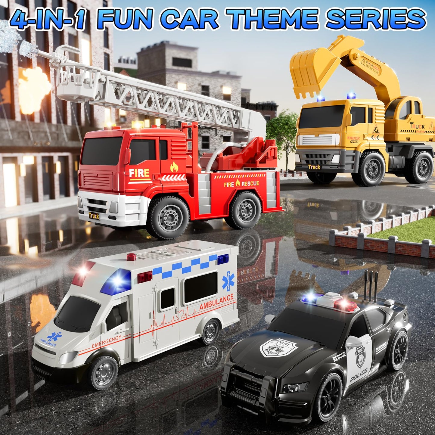 KIZONLY Emergency Vehicle Toys – Friction-Powered Police, Fire, Ambulance & Excavator Set for Toddlers 1-3