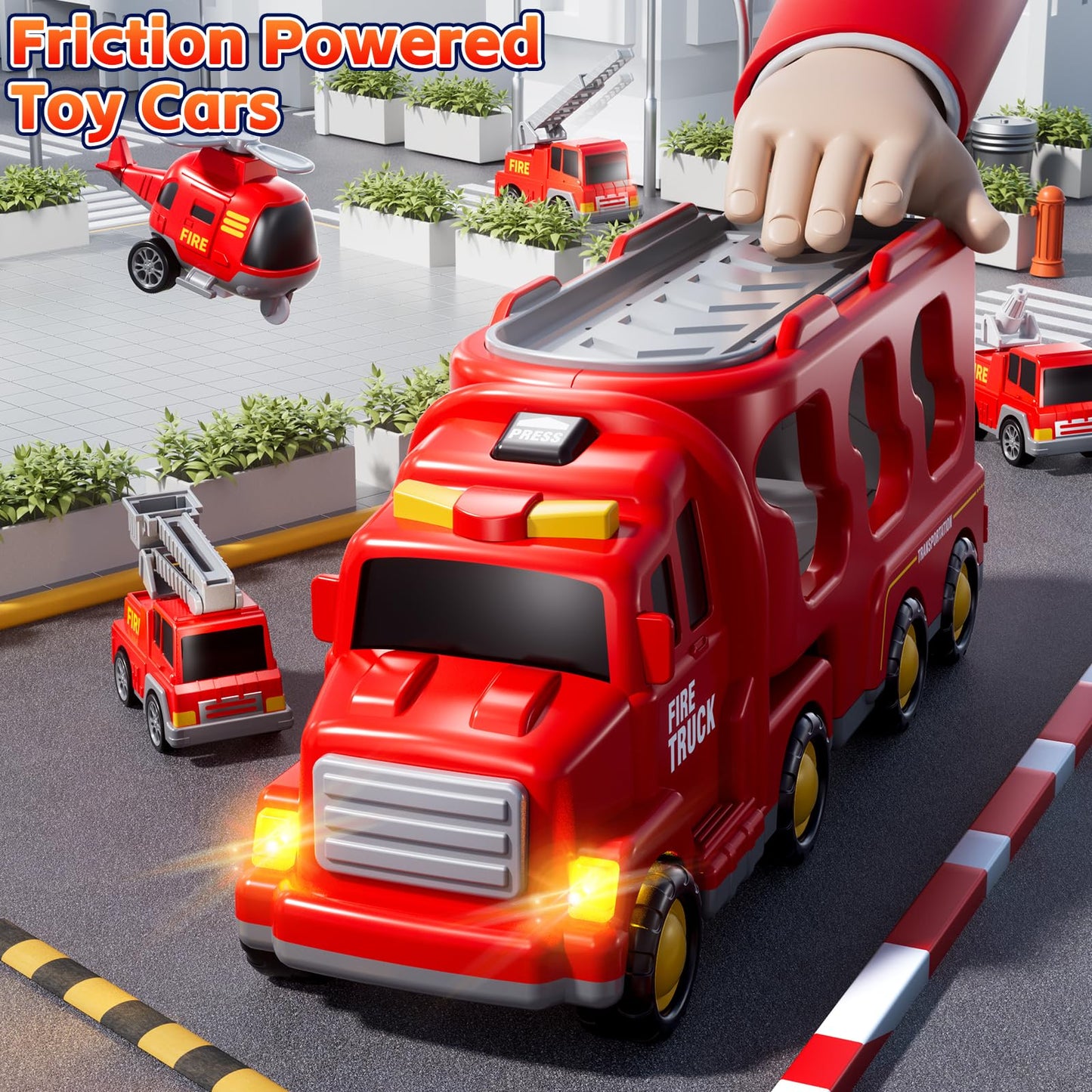 KIZONLY 5-in-1 Fire Truck Carrier Set for Toddlers | Light & Sound Mini Vehicle Play