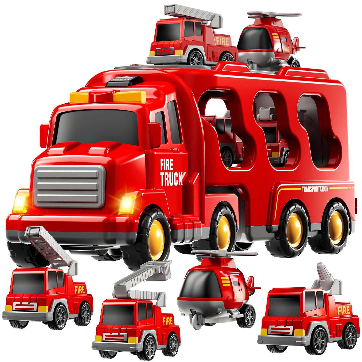 KIZONLY 5-in-1 Fire Truck Carrier Set for Toddlers | Light & Sound Mini Vehicle Play