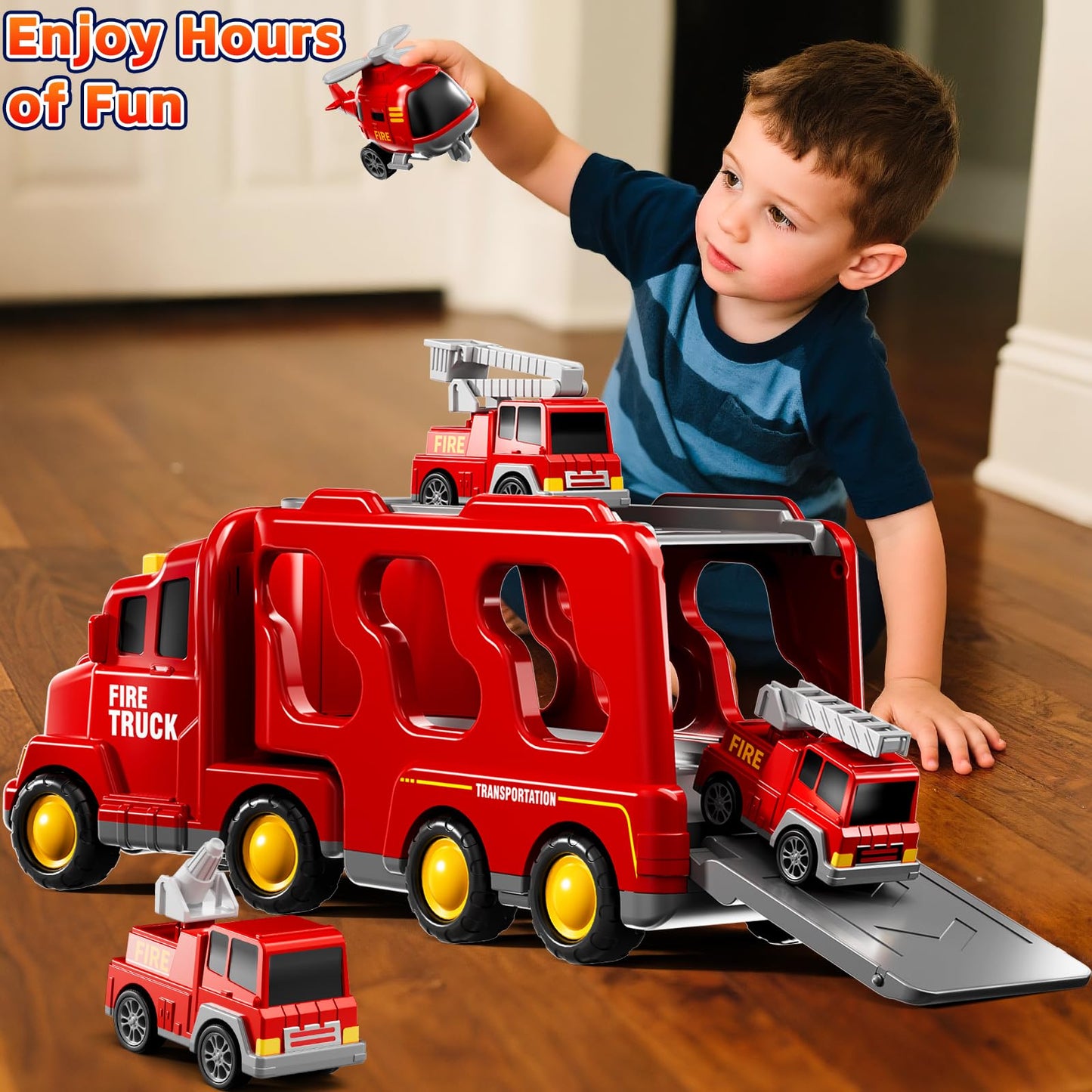 KIZONLY 5-in-1 Fire Truck Carrier Set for Toddlers | Light & Sound Mini Vehicle Play