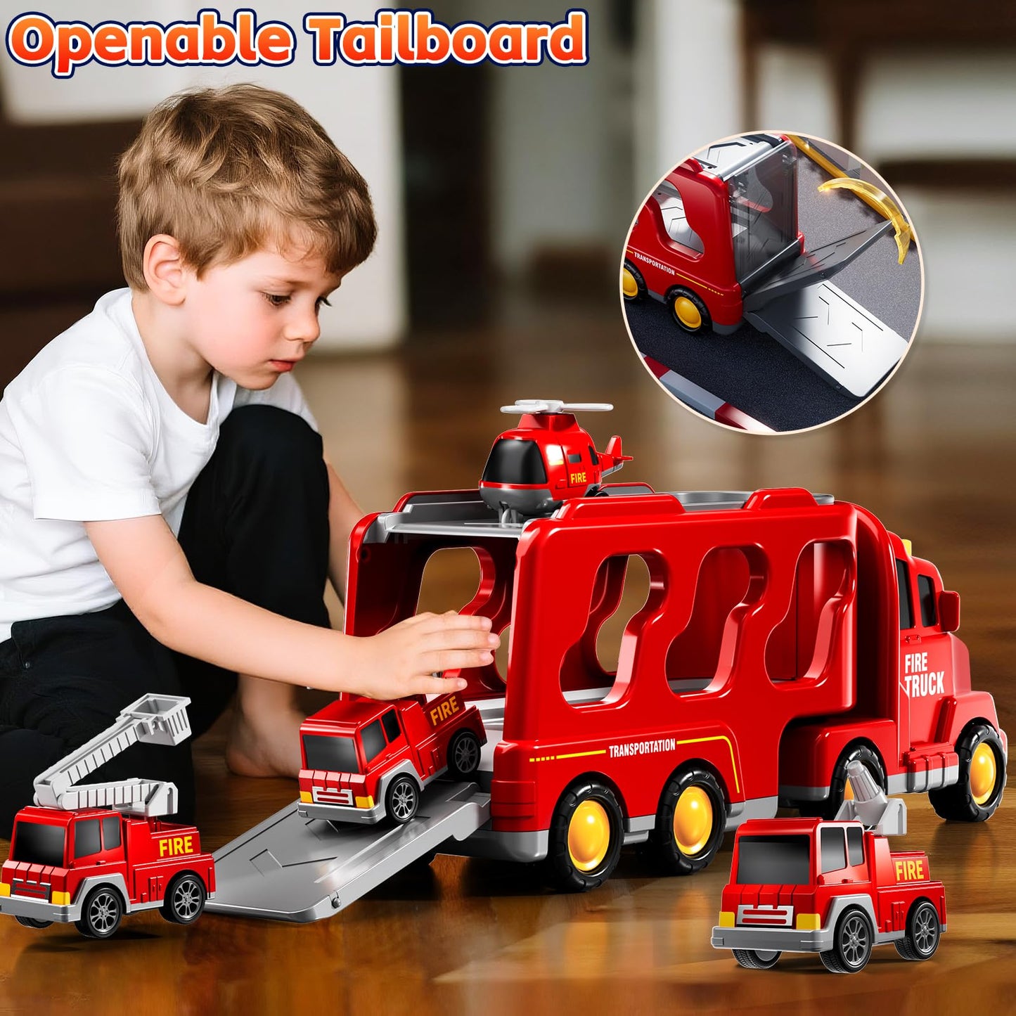 KIZONLY 5-in-1 Fire Truck Carrier Set for Toddlers | Light & Sound Mini Vehicle Play