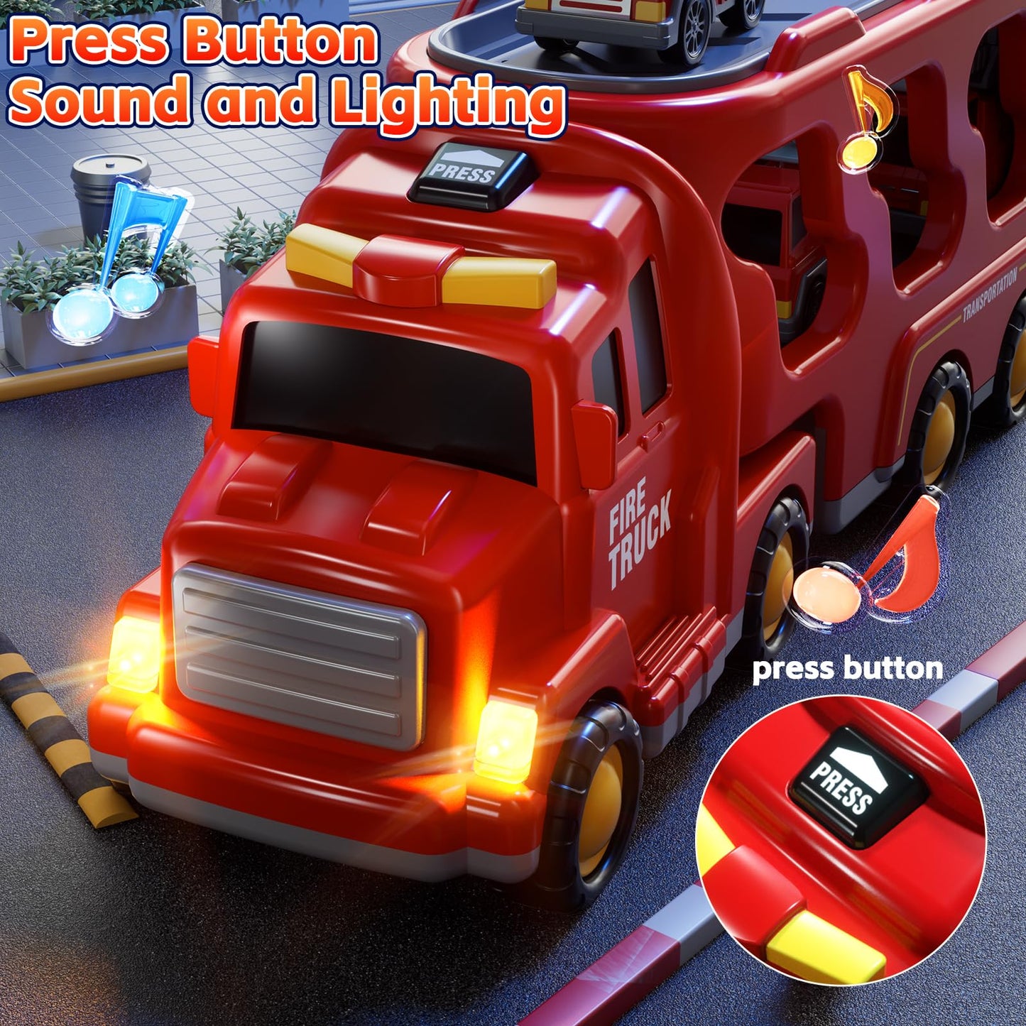 KIZONLY 5-in-1 Fire Truck Carrier Set for Toddlers | Light & Sound Mini Vehicle Play