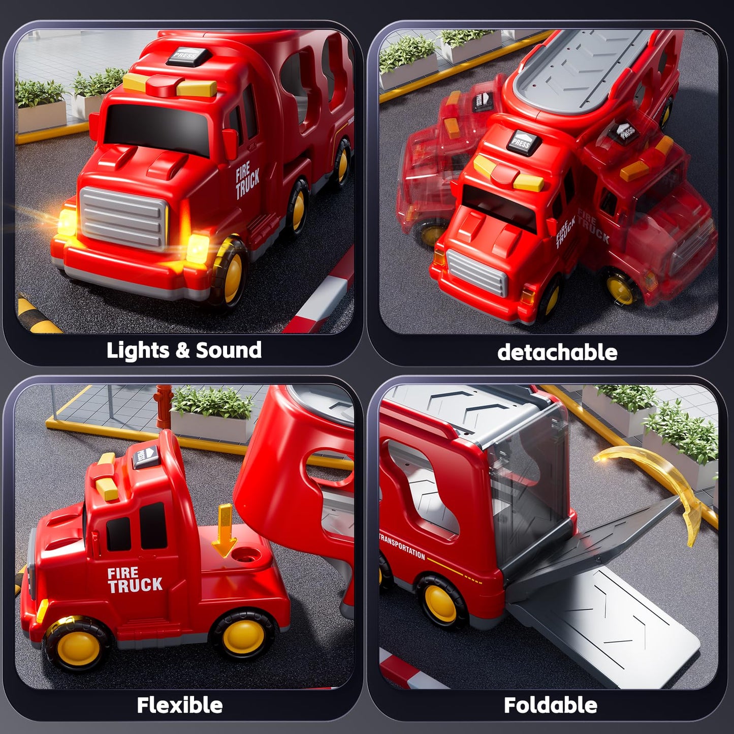 KIZONLY 5-in-1 Fire Truck Carrier Set for Toddlers | Light & Sound Mini Vehicle Play