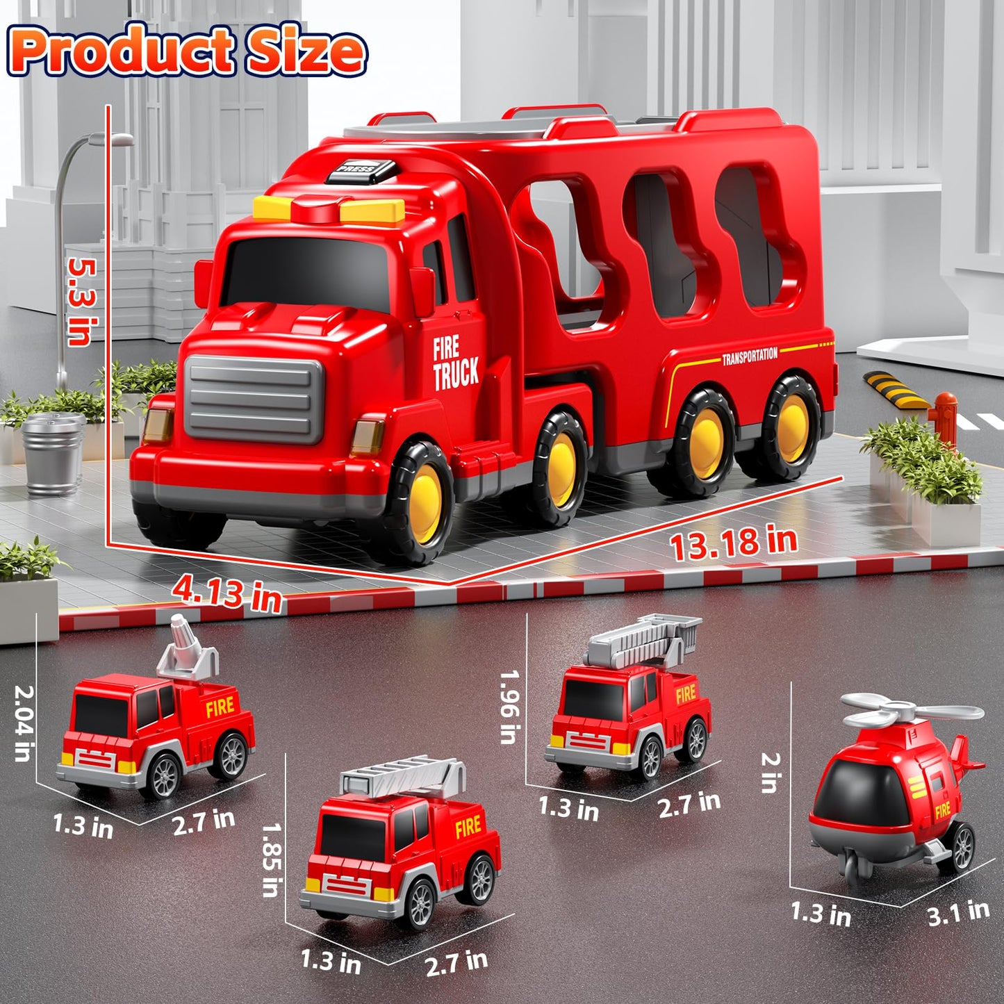 KIZONLY 5-in-1 Fire Truck Carrier Set for Toddlers | Light & Sound Mini Vehicle Play