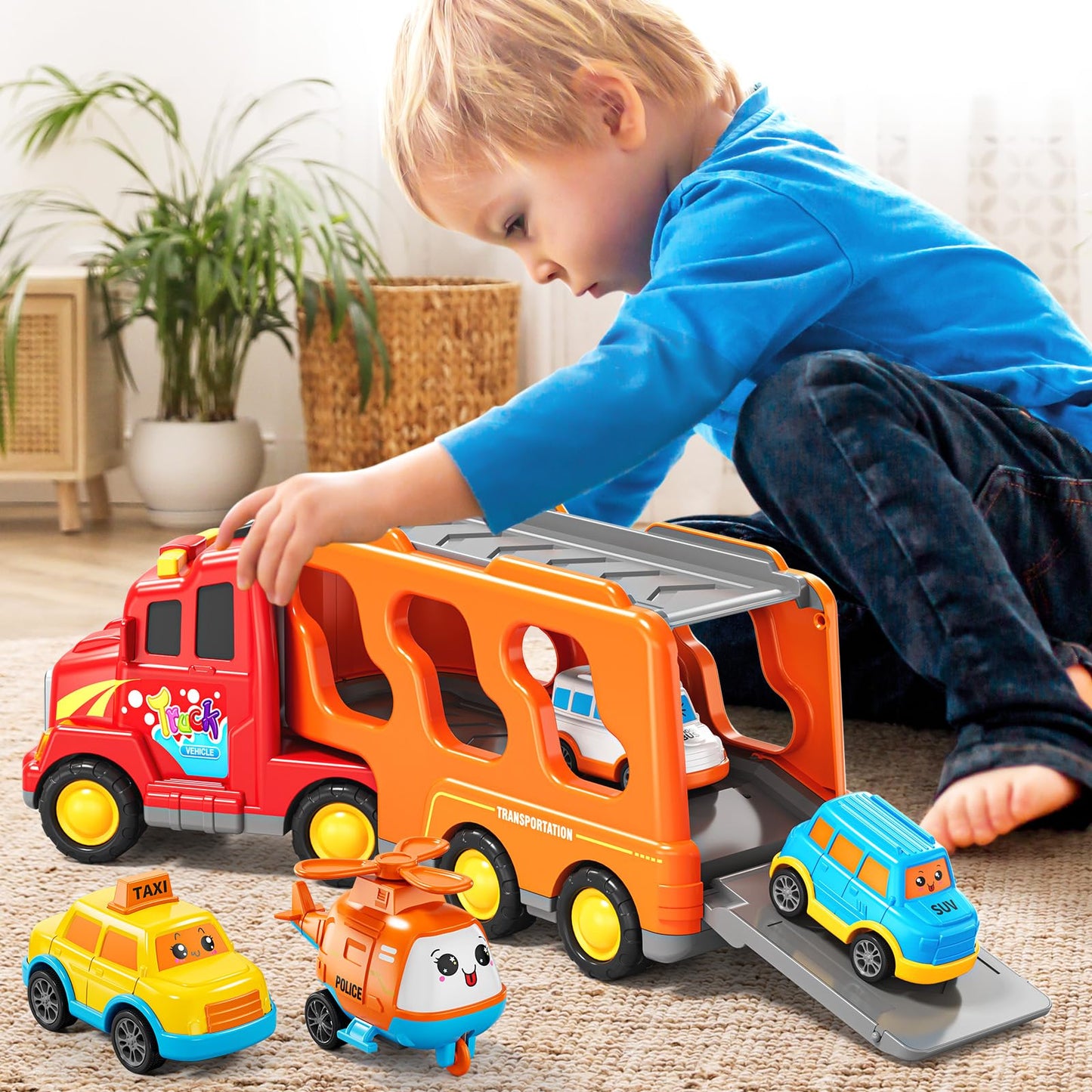 KIZONLY 5-in-1 Carrier Transport Trucks for Toddlers 3-7 | Light & Sound Play