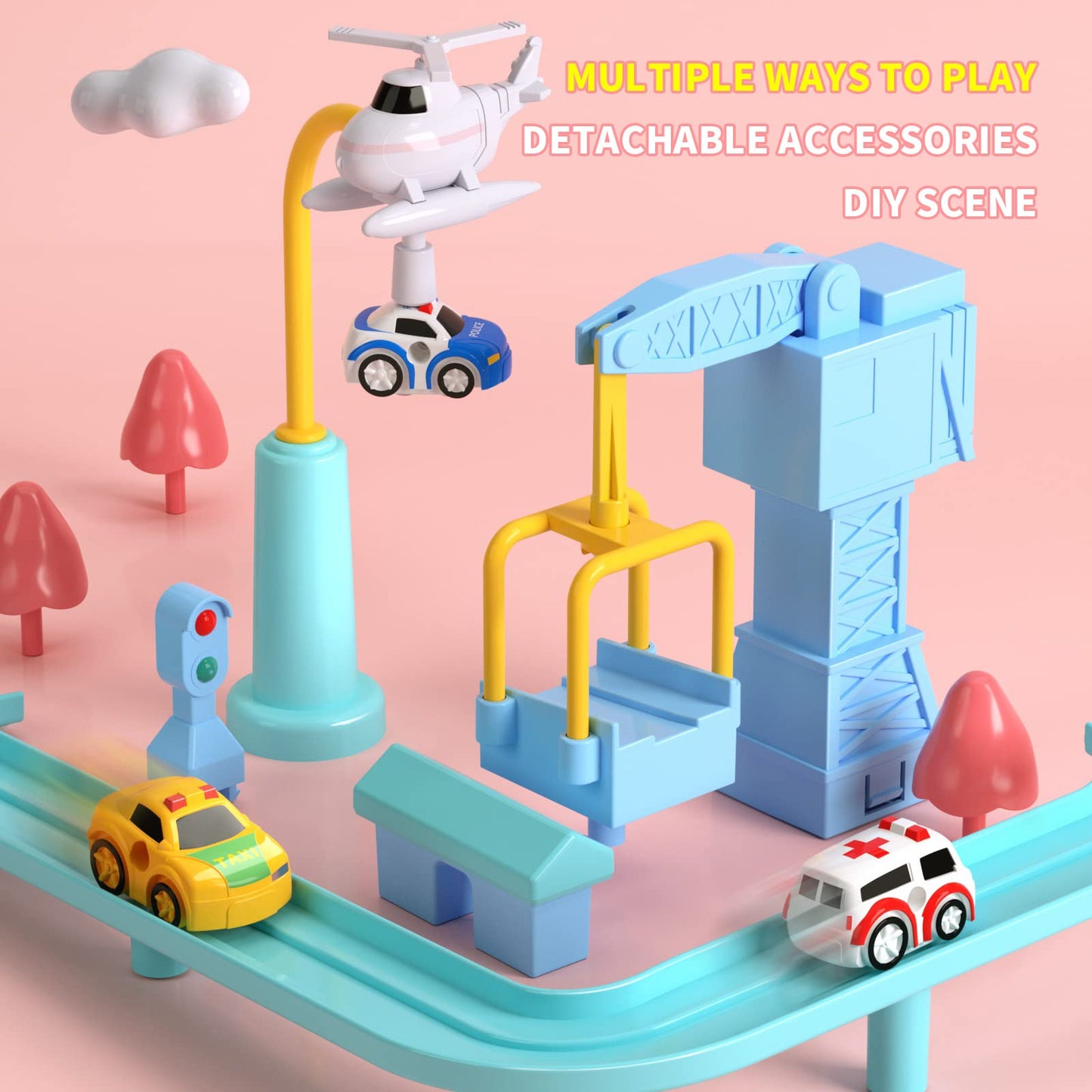 KIZONLY Car Race Track for Kids Aged 4-8 – Pink City Set with 3 Cars & Helicopter