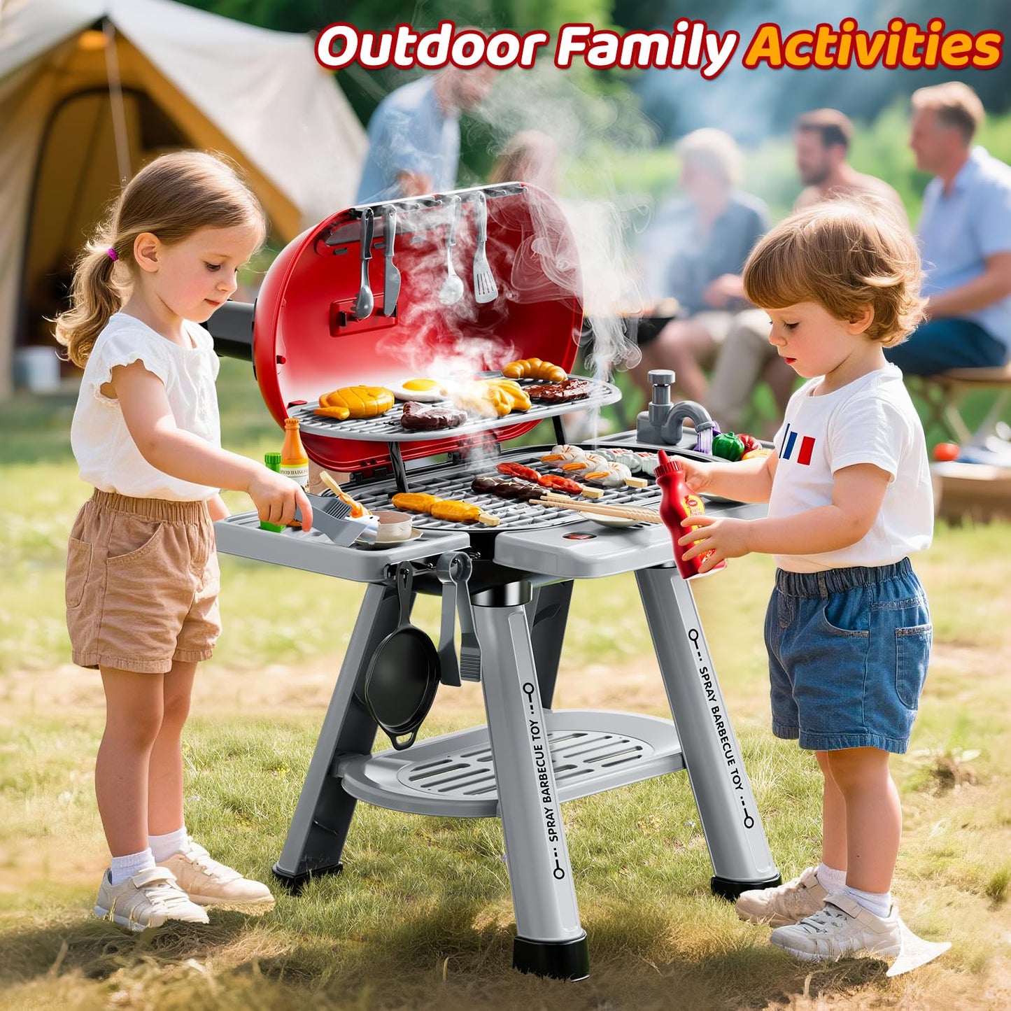 KIZONLY Kids Grill Playset – 2-Layer Outdoor BBQ Toy with Smoke, Lights & Sounds