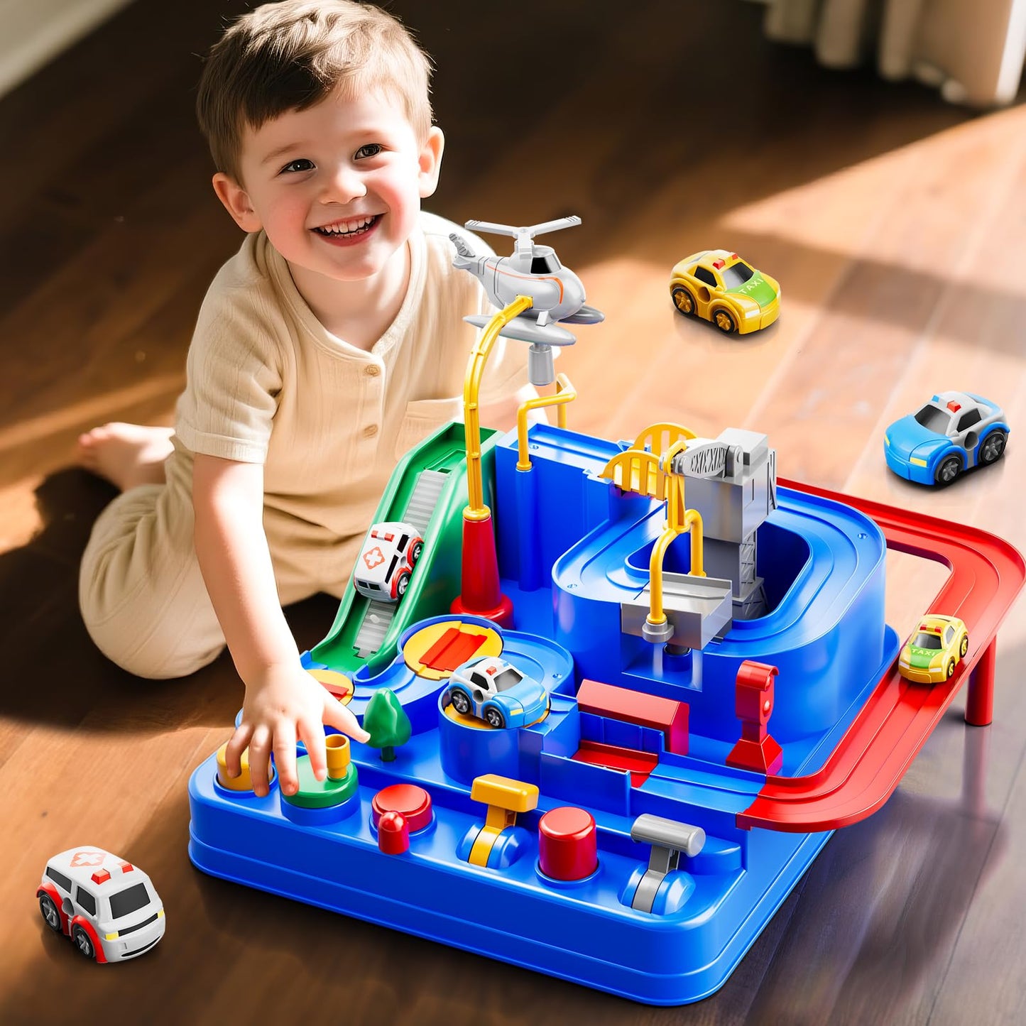 KIZONLY Car Race Track for Kids 3+ | City Track with 3 Cars & Playful City Obstacles