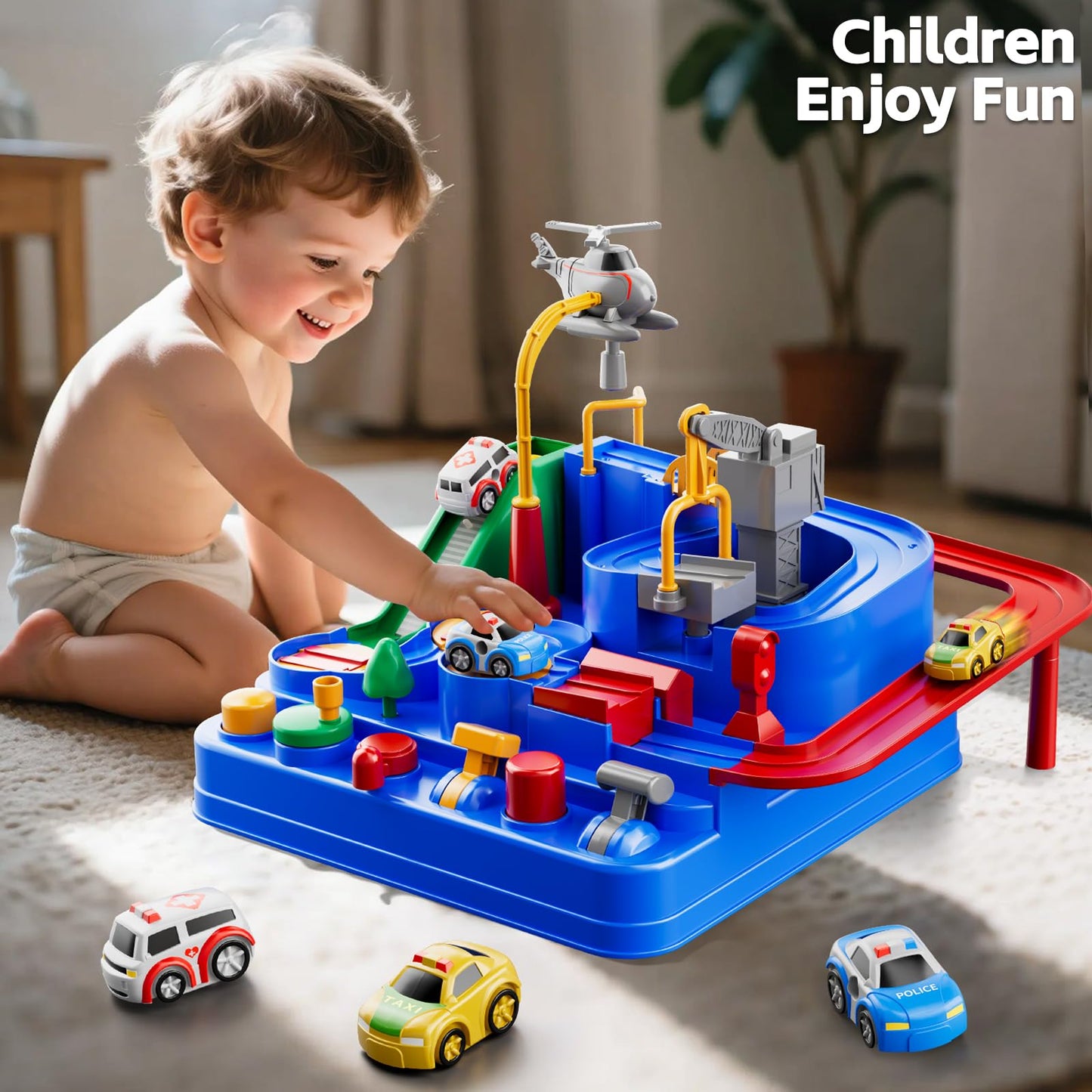 KIZONLY Car Race Track for Kids 3+ | City Track with 3 Cars & Playful City Obstacles