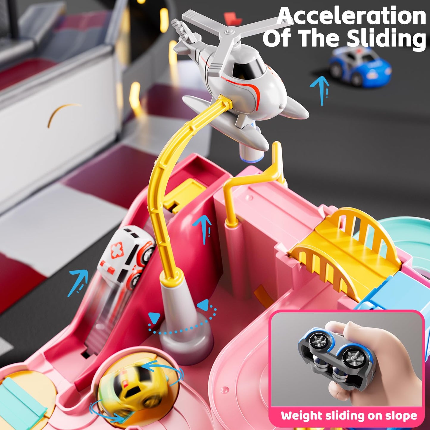 KIZONLY Car Race Track for Kids Aged 4-8 – Pink City Set with 3 Cars & Helicopter