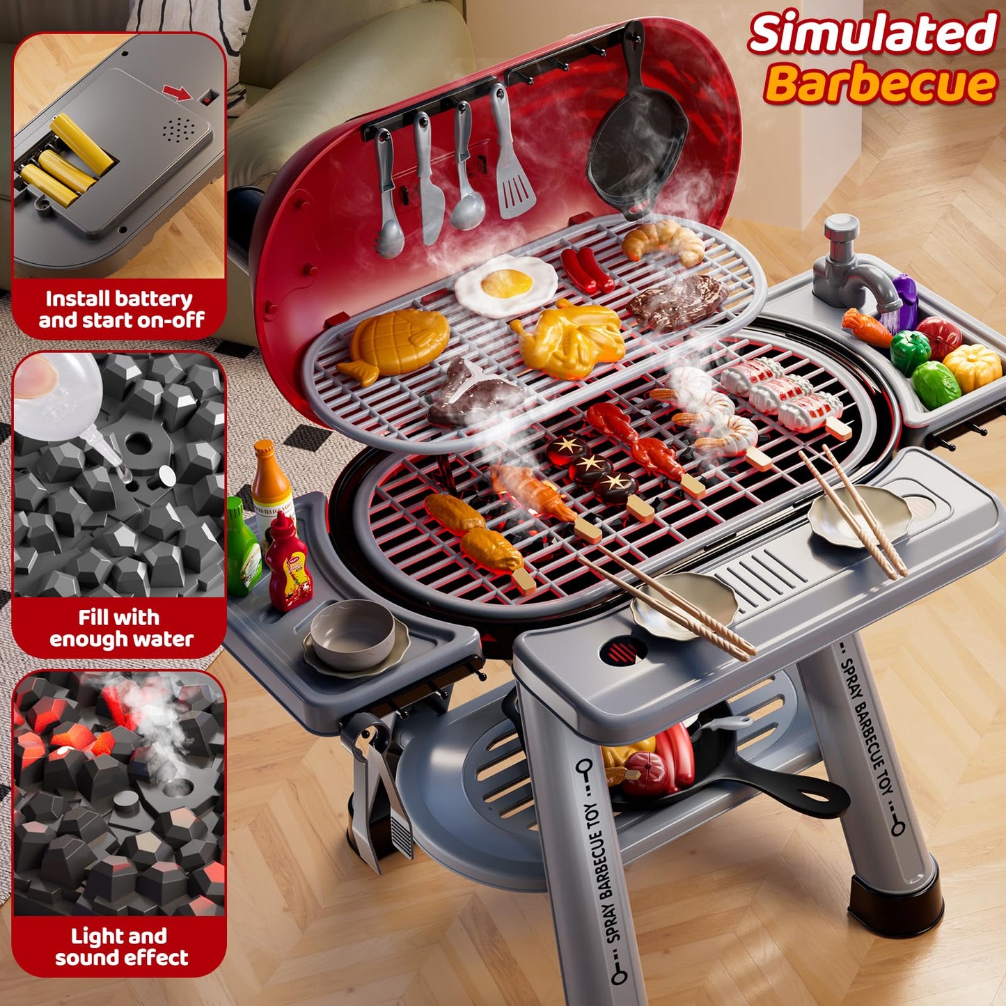 KIZONLY Kids Grill Playset – 2-Layer Outdoor BBQ Toy with Smoke, Lights & Sounds