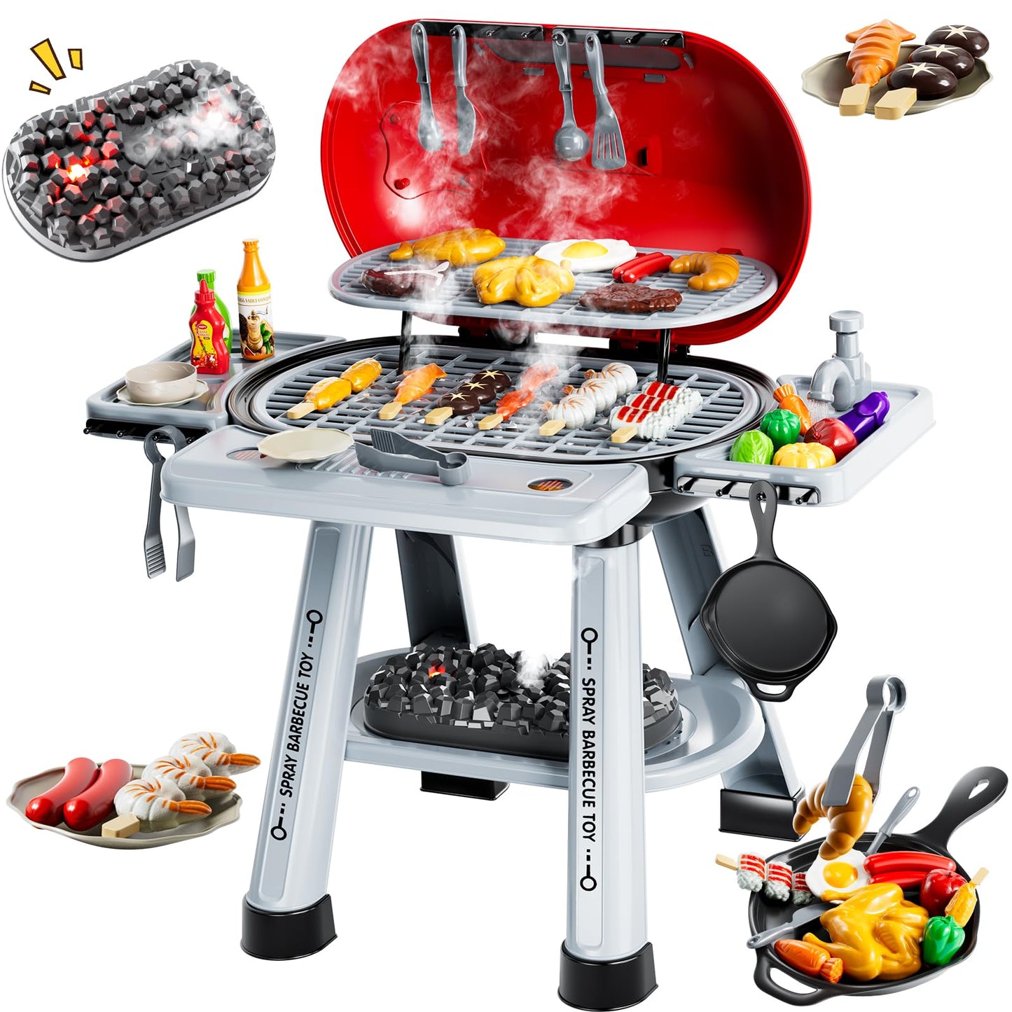 KIZONLY Kids Grill Playset – 2-Layer Outdoor BBQ Toy with Smoke, Lights & Sounds