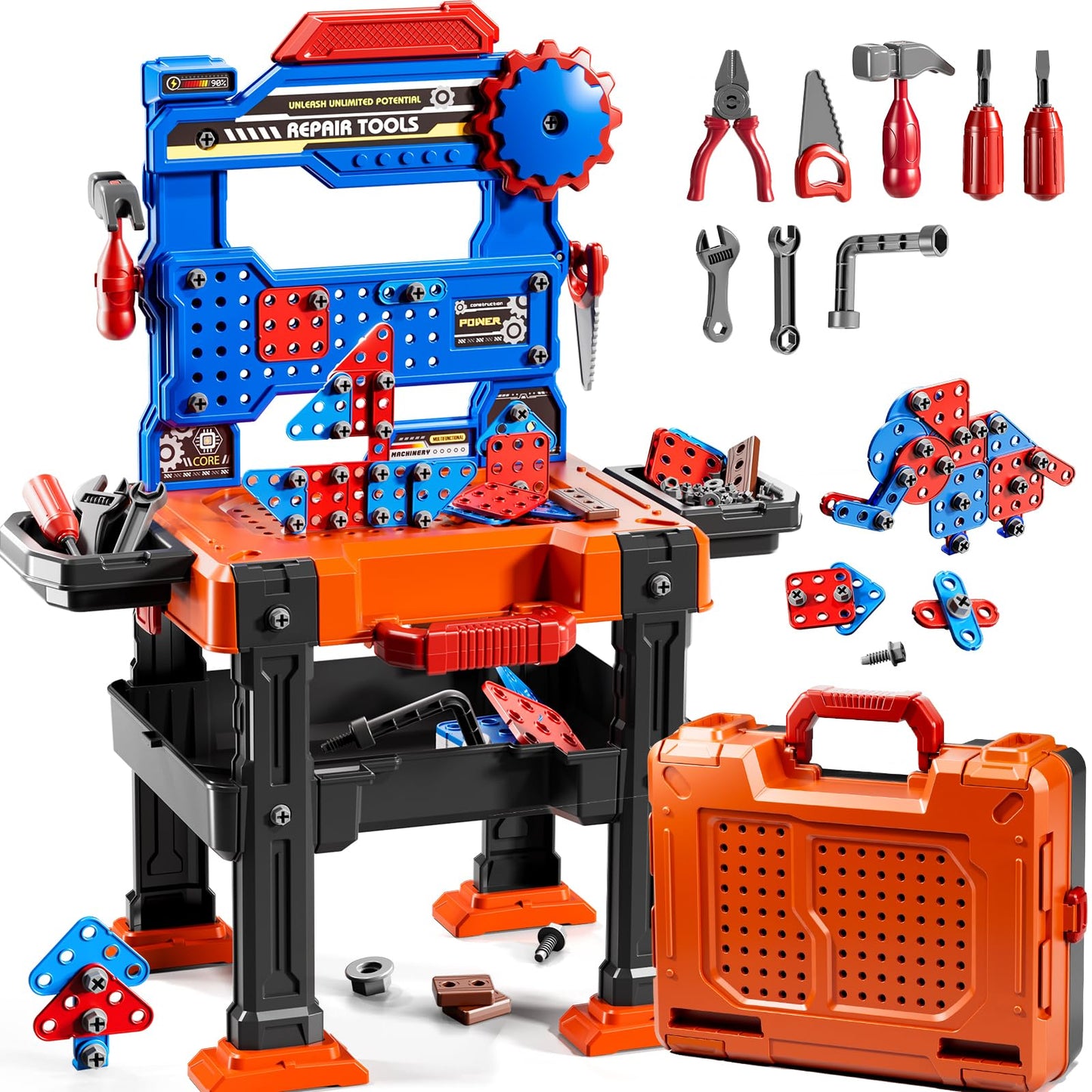 KIZONLY 2-in-1 Kids Workbench Tool Set for Ages 3–8 – 145-Piece Pretend Play Construction