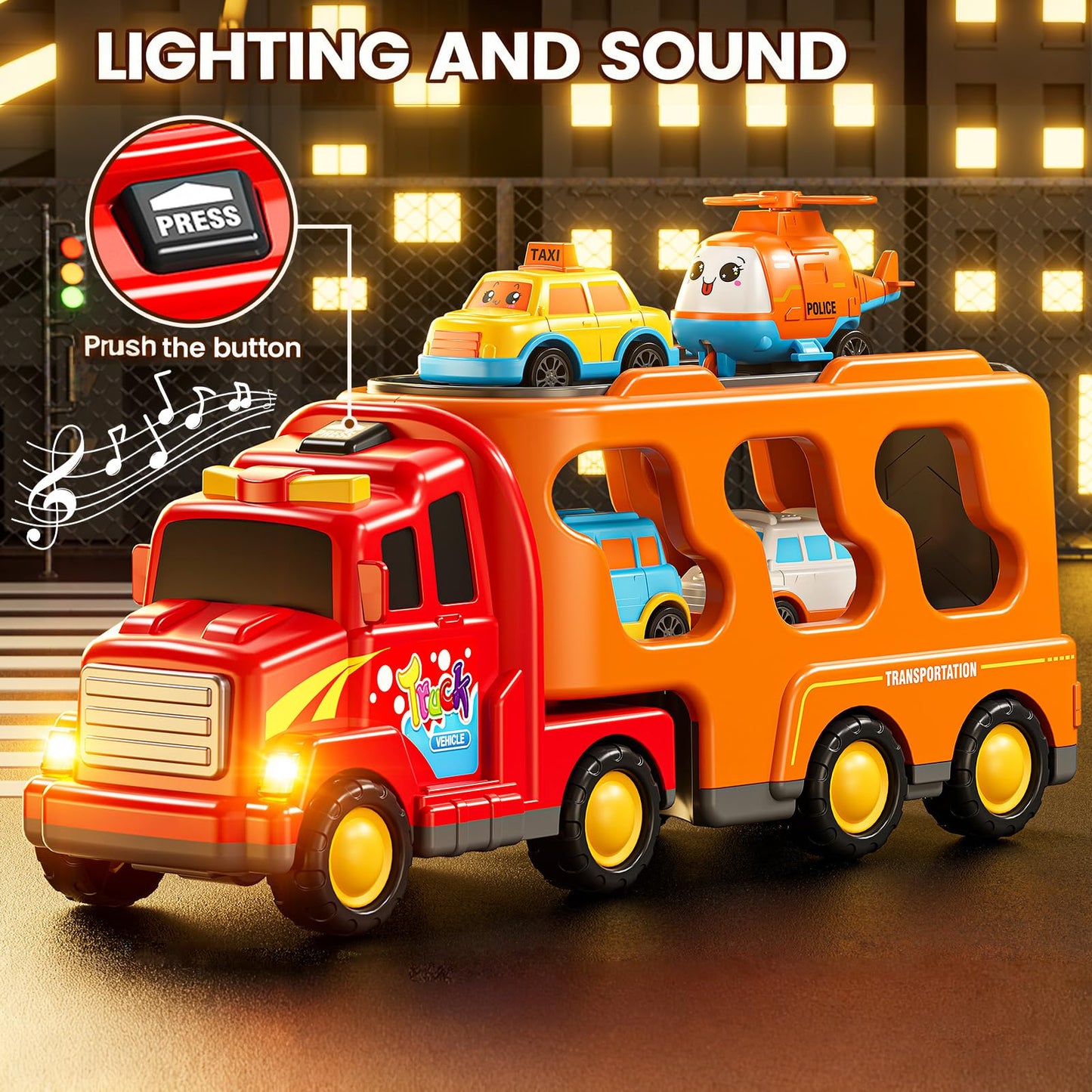 KIZONLY 5-in-1 Carrier Transport Trucks for Toddlers 3-7 | Light & Sound Play