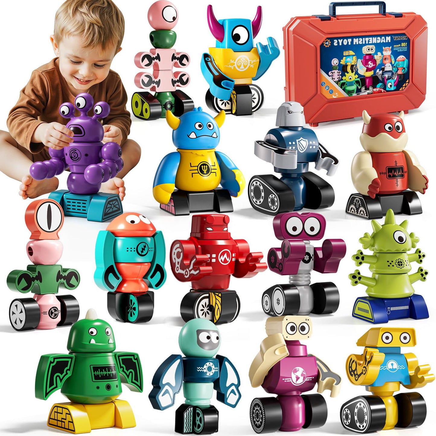 KIZONLY Magnets Robot Building Toys — 106-Piece Monster Blocks for Kids 3-8 with Storage Box