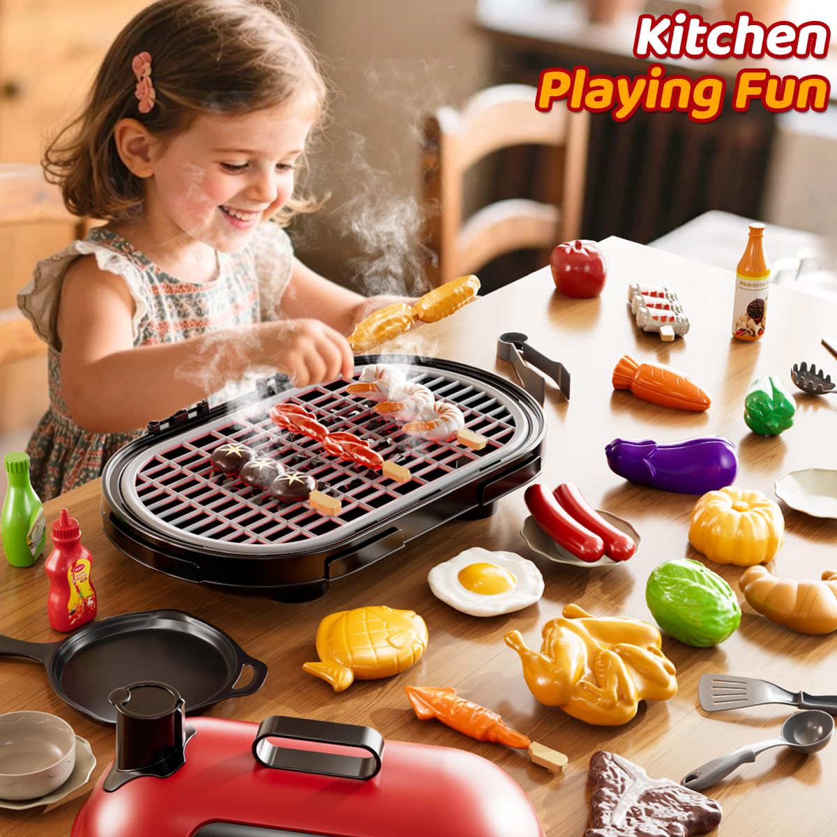 KIZONLY Kids Grill Playset – 2-Layer Outdoor BBQ Toy with Smoke, Lights & Sounds