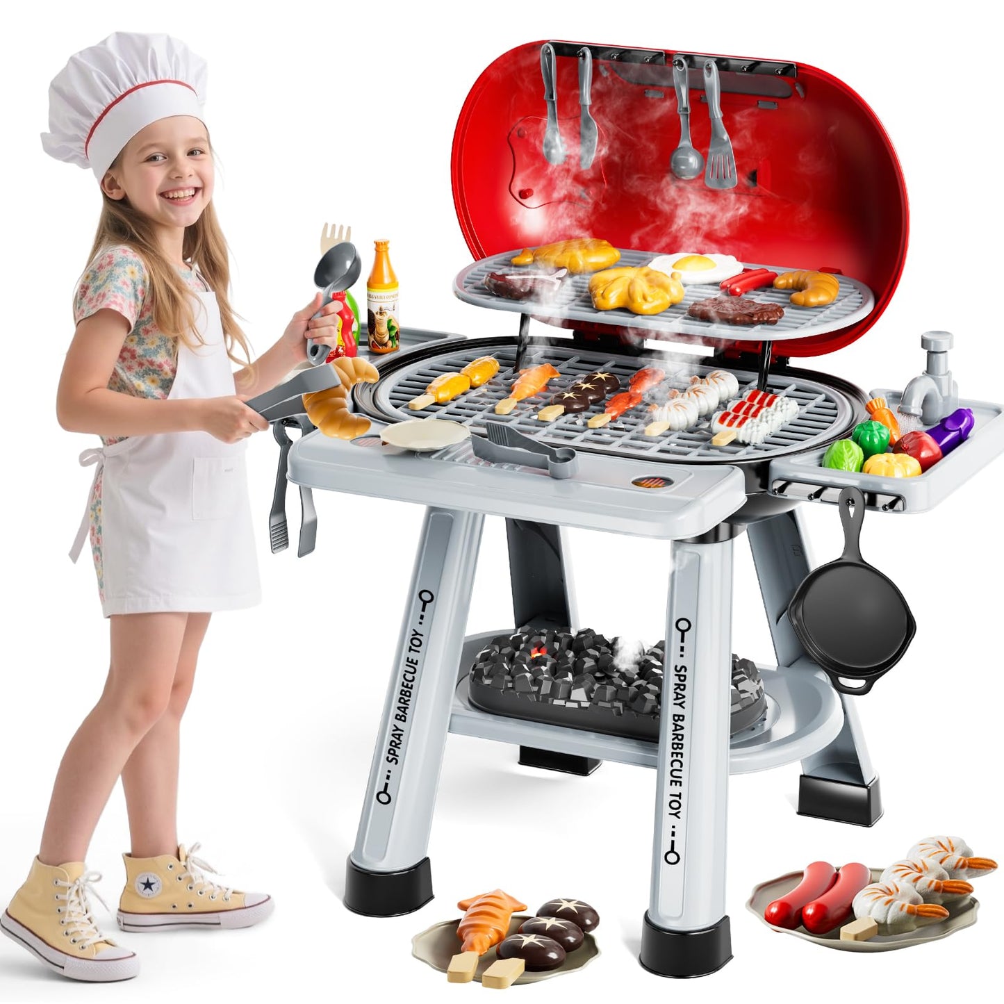 KIZONLY Kids Grill Playset – 2-Layer Outdoor BBQ Toy with Smoke, Lights & Sounds