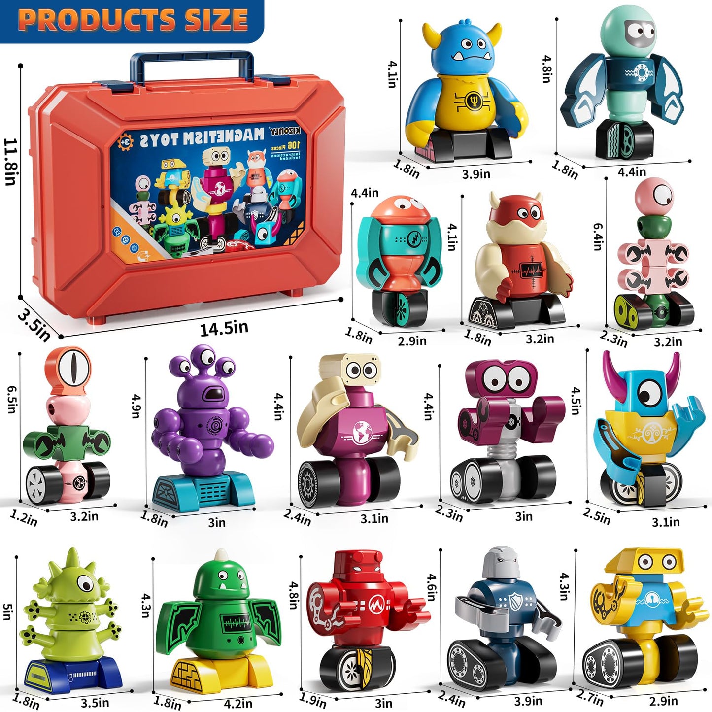 KIZONLY Magnets Robot Building Toys — 106-Piece Monster Blocks for Kids 3-8 with Storage Box