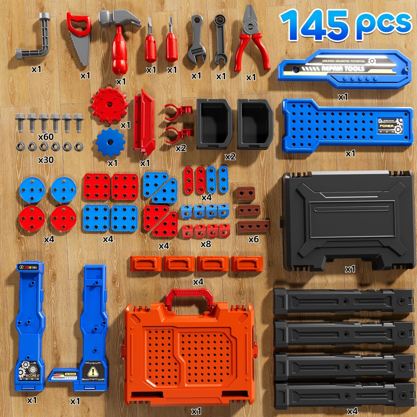KIZONLY 2-in-1 Kids Workbench Tool Set for Ages 3–8 – 145-Piece Pretend Play Construction