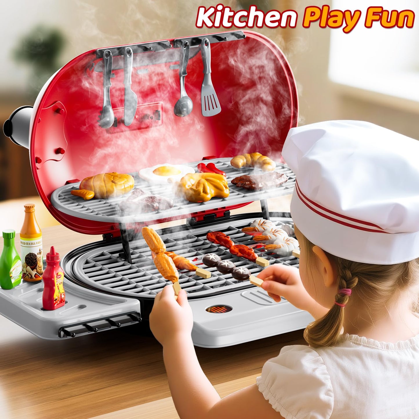KIZONLY Kids Grill Playset – 2-Layer Outdoor BBQ Toy with Smoke, Lights & Sounds