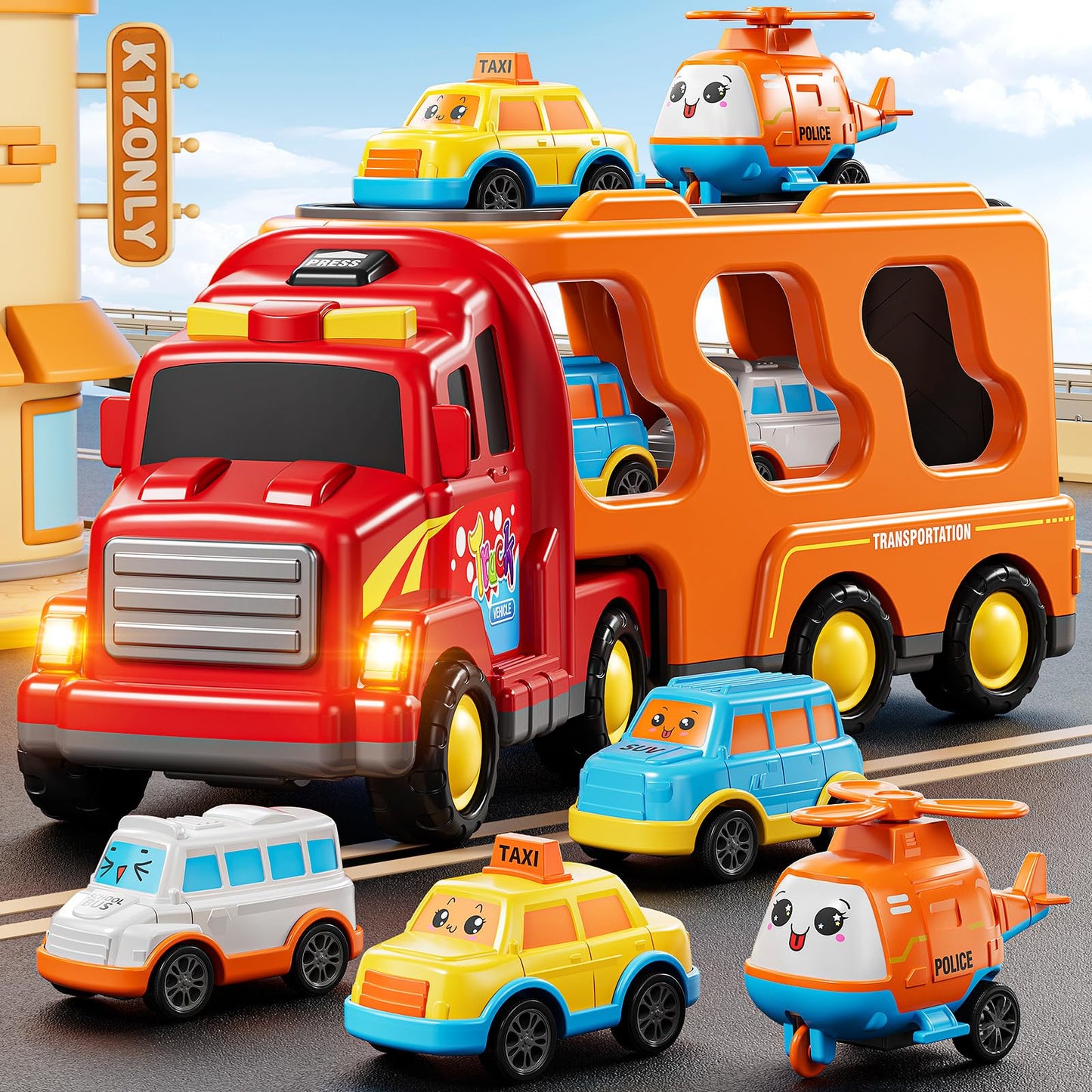 KIZONLY 5-in-1 Carrier Transport Trucks for Toddlers 3-7 | Light & Sound Play