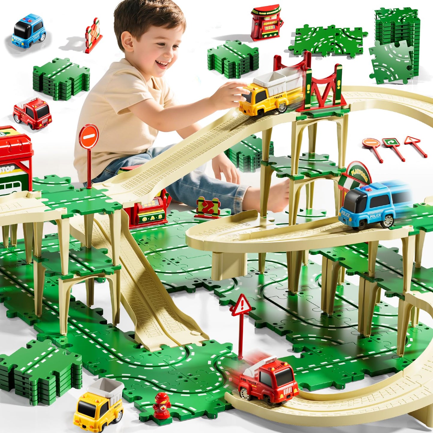 KIZONLY Puzzle Racer Kids Car Track Set – 4-Tier Tracks for Ages 3-5 with 3 Cars & Trucks