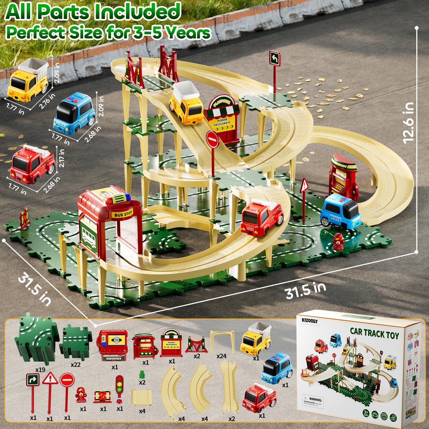KIZONLY Puzzle Racer Kids Car Track Set – 4-Tier Tracks for Ages 3-5 with 3 Cars & Trucks