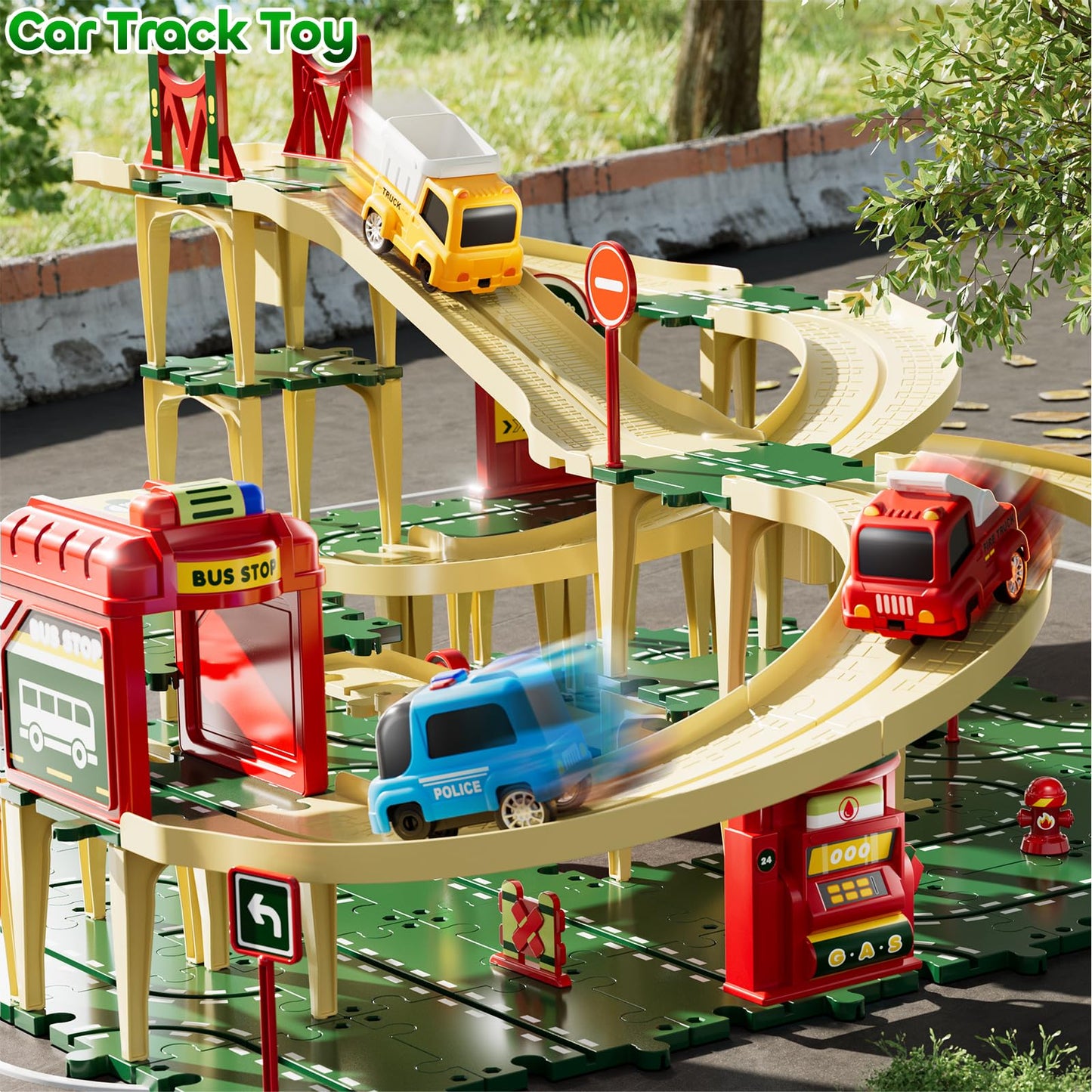 KIZONLY Puzzle Racer Kids Car Track Set – 4-Tier Tracks for Ages 3-5 with 3 Cars & Trucks