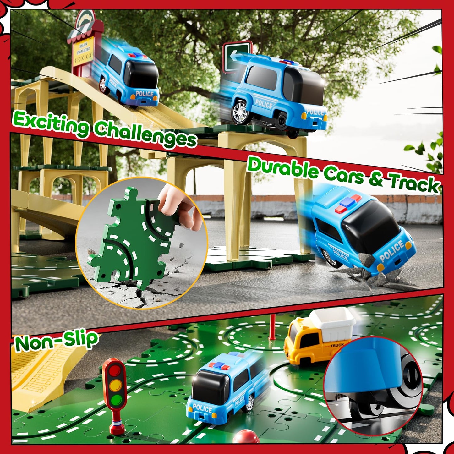 KIZONLY Puzzle Racer Kids Car Track Set – 4-Tier Tracks for Ages 3-5 with 3 Cars & Trucks