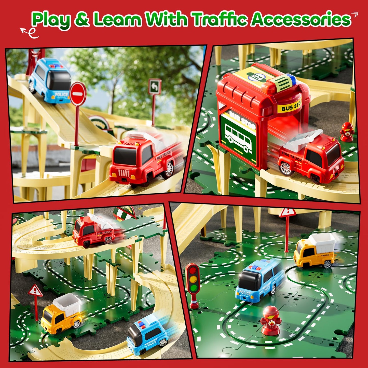 KIZONLY Puzzle Racer Kids Car Track Set – 4-Tier Tracks for Ages 3-5 with 3 Cars & Trucks