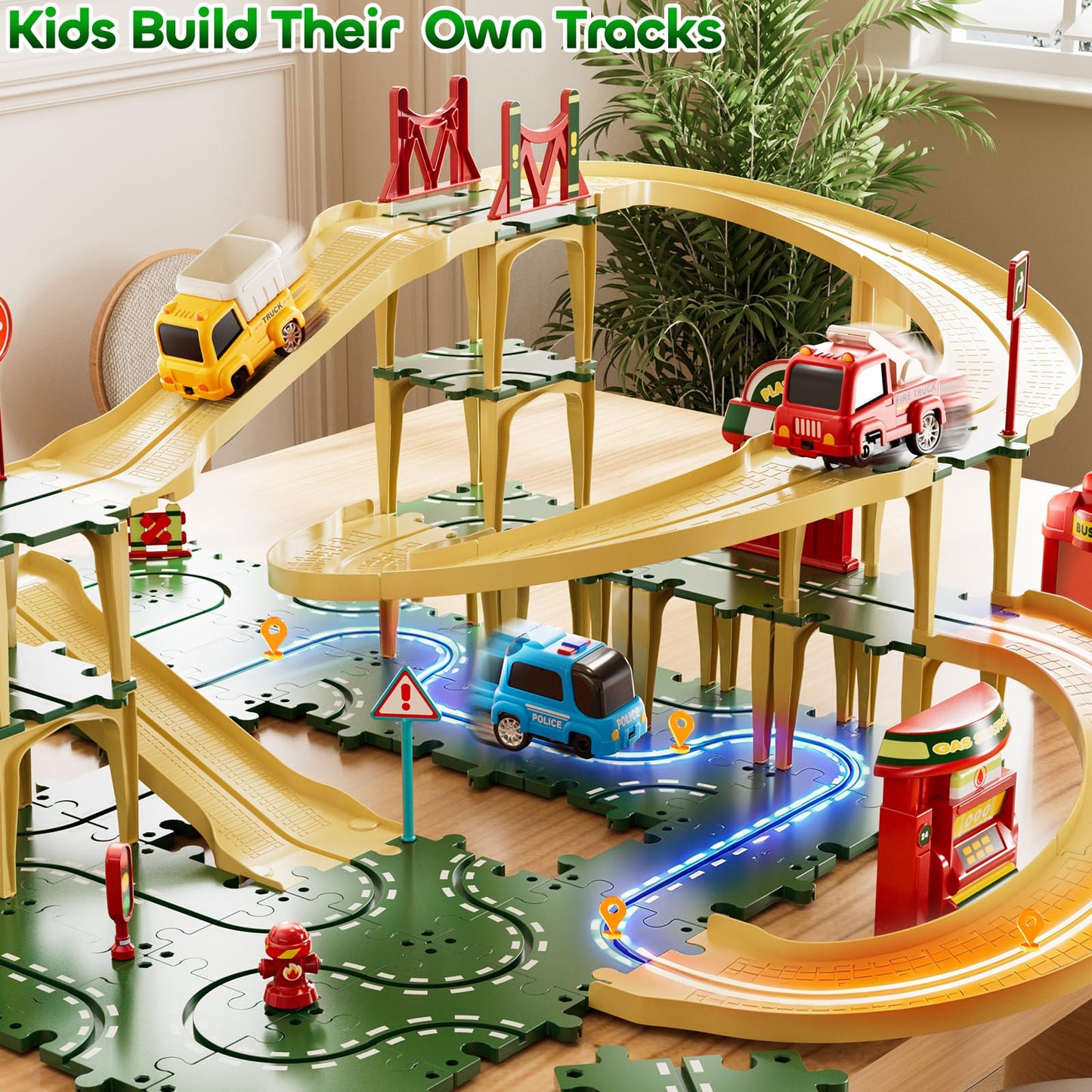 KIZONLY Puzzle Racer Kids Car Track Set – 4-Tier Tracks for Ages 3-5 with 3 Cars & Trucks