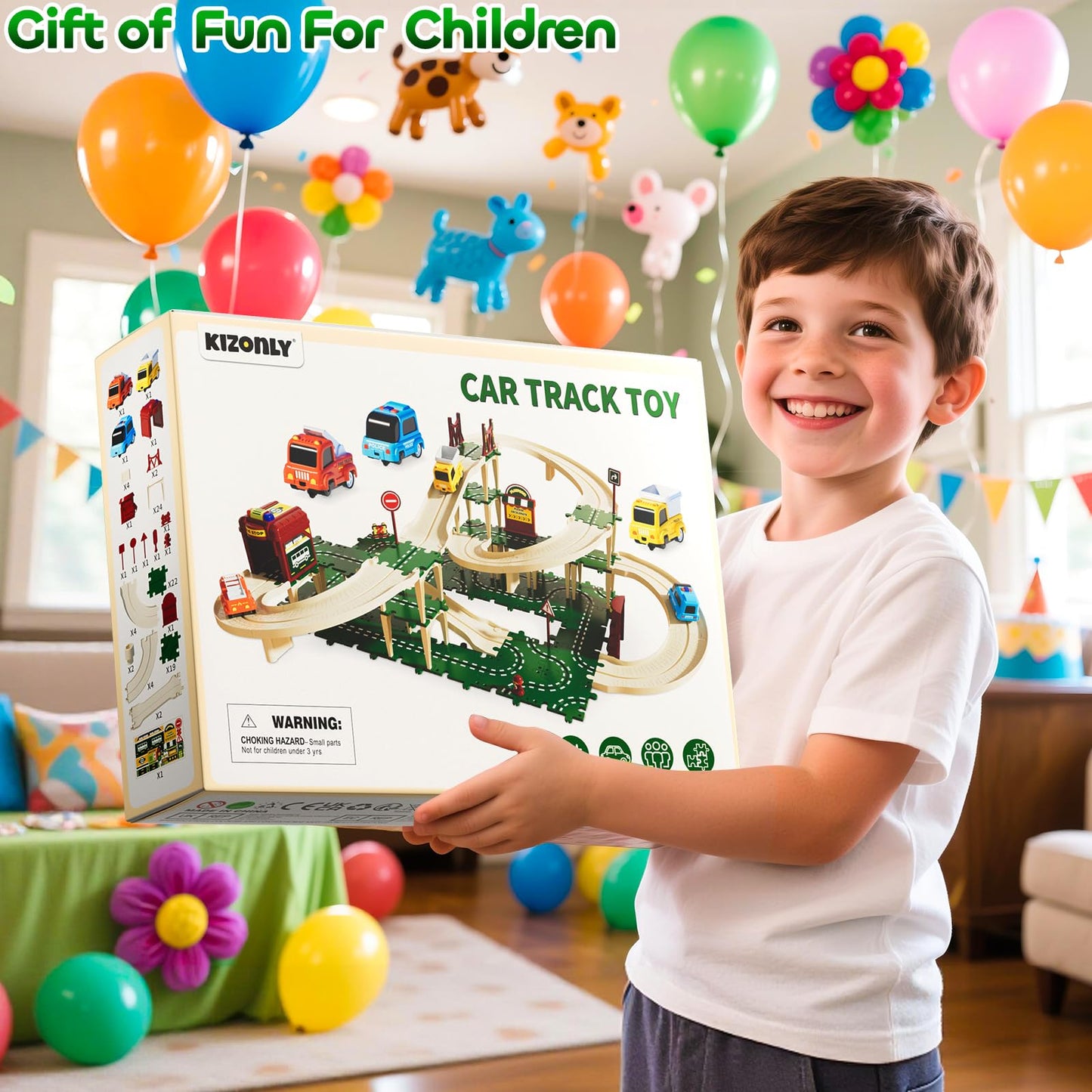KIZONLY Puzzle Racer Kids Car Track Set – 4-Tier Tracks for Ages 3-5 with 3 Cars & Trucks