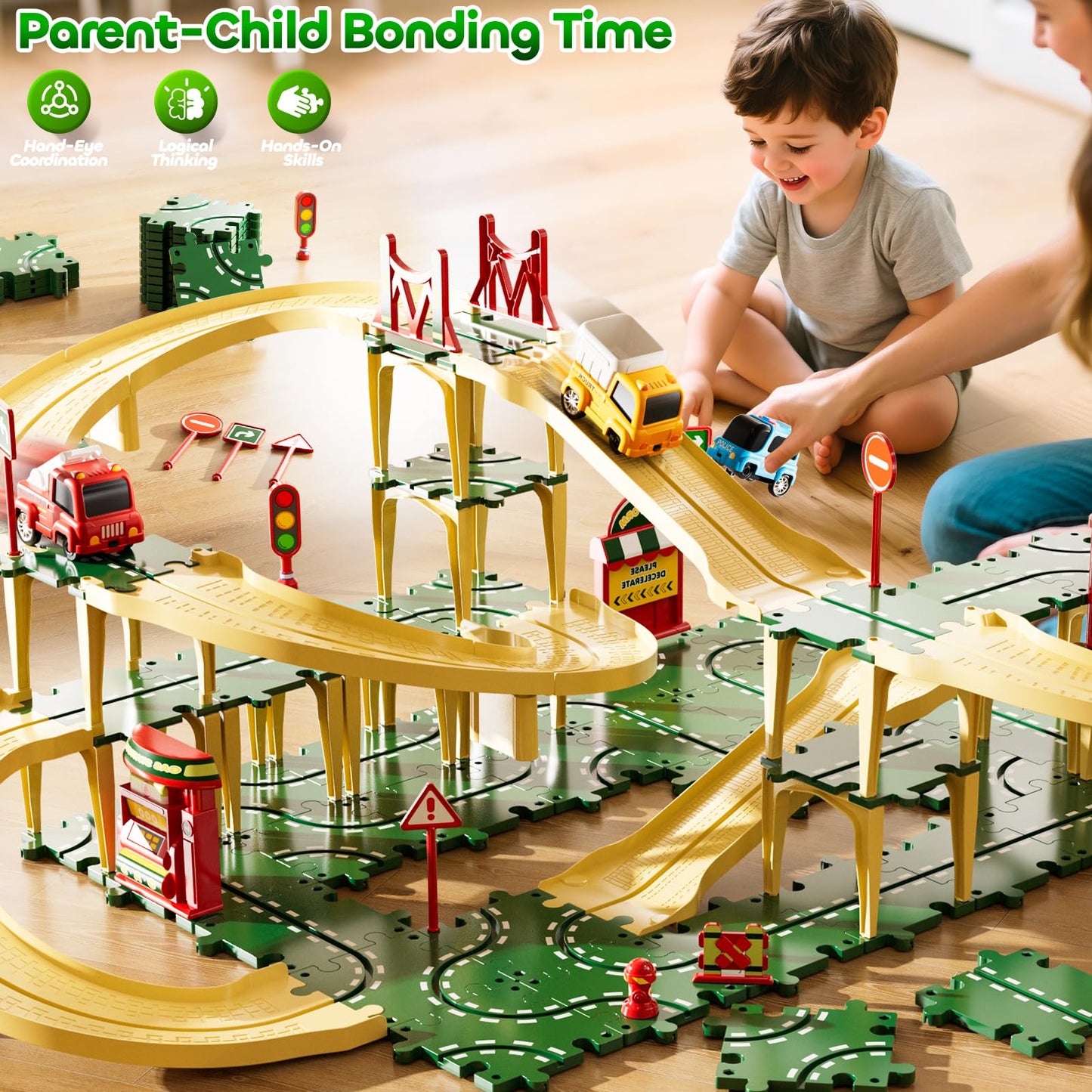 KIZONLY Puzzle Racer Kids Car Track Set – 4-Tier Tracks for Ages 3-5 with 3 Cars & Trucks