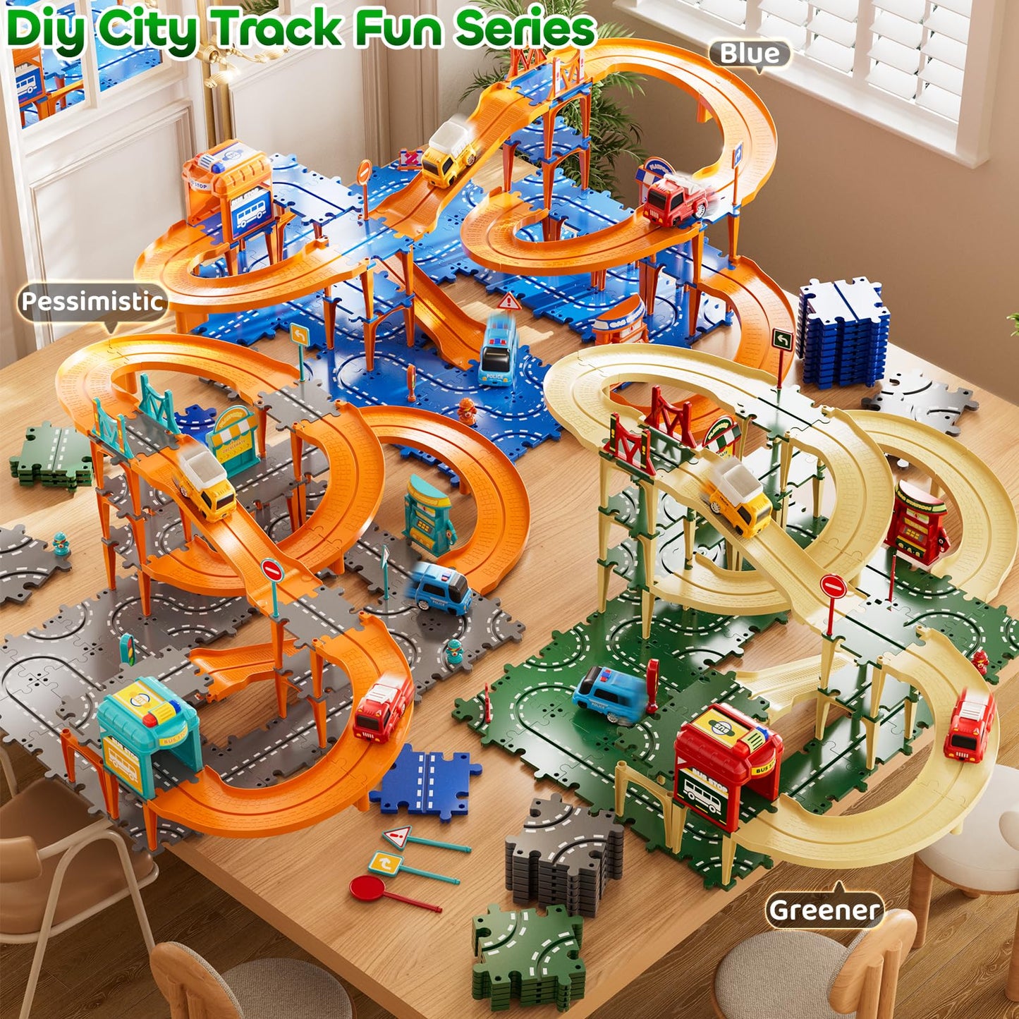 KIZONLY Puzzle Racer Kids Car Track Set – 4-Tier Tracks for Ages 3-5 with 3 Cars & Trucks